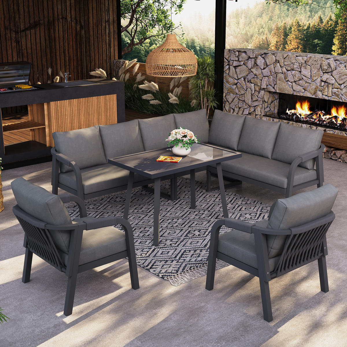 GARTEN-ESSGRUPPE 8 Personen Ecksofa Esstisch Sessel Grau - Grau, Textil - FLIEKS