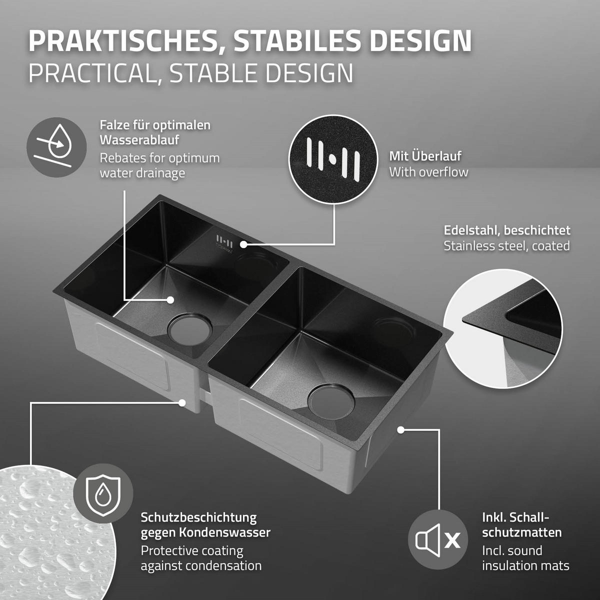 DOPPEL-SPÜLBECKEN Edelstahl 81,5/40cm Anthrazit - Anthrazit, Metall (81.5/20/40cm)