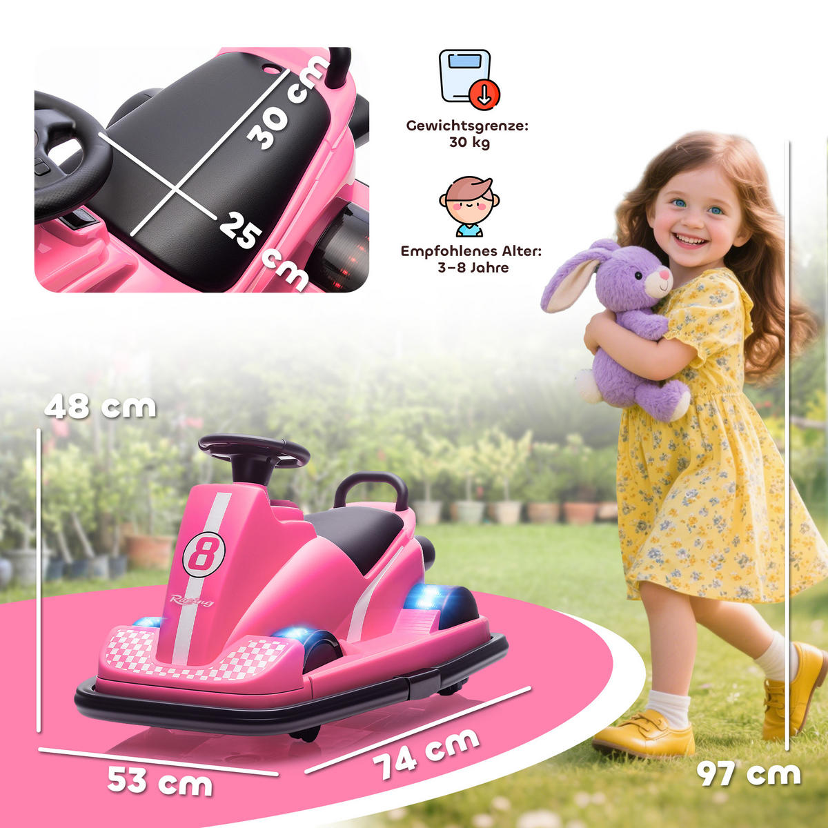 AUTOSCOOTER DE-06270 360° drehbar mit Lenkrad und LED-Lichtern Rosa - Pink, Kunststoff/Metall (74/53/48cm) - ComfortXL