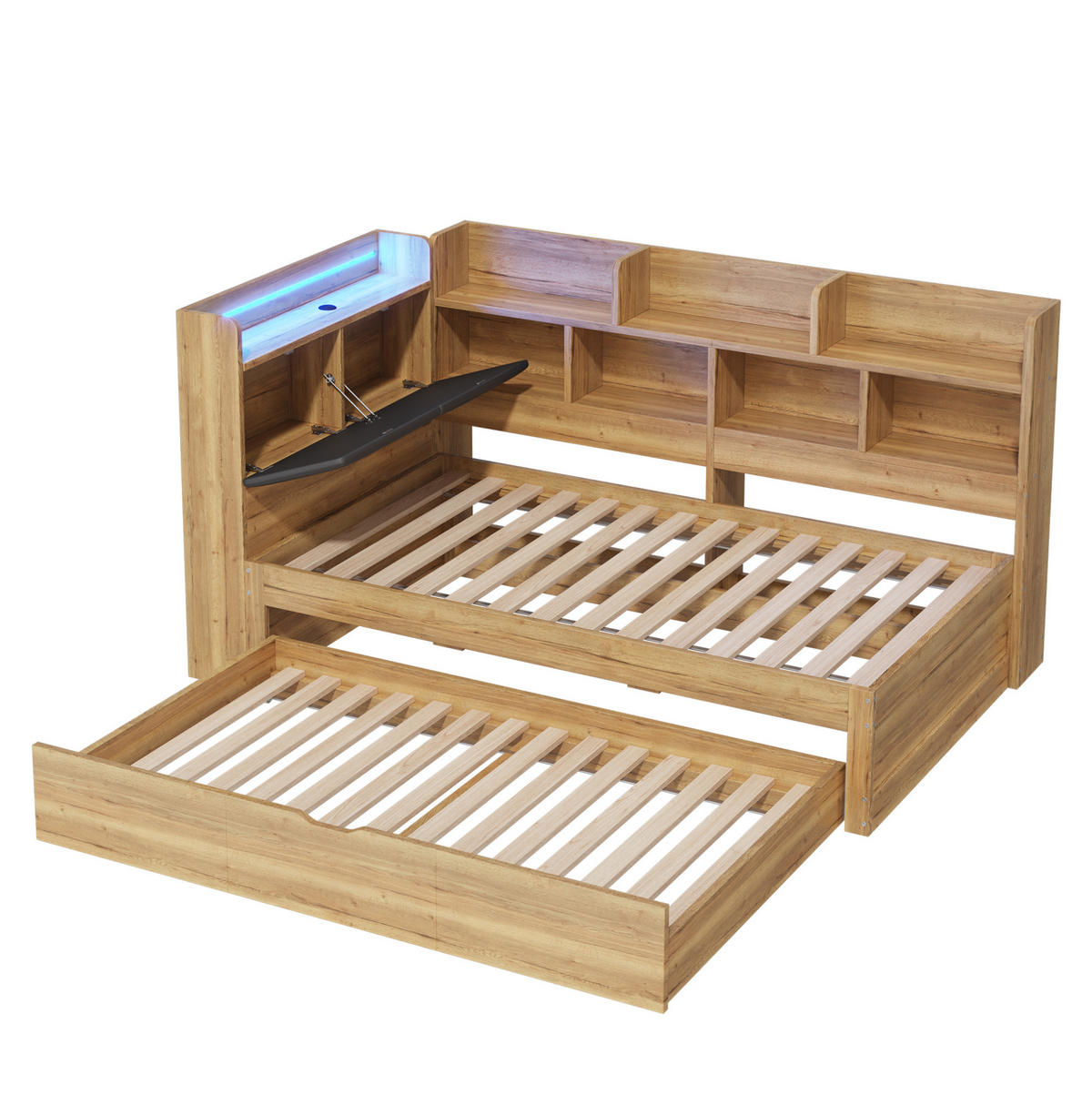 KINDERBETT aus MDF 90x200 cm Naturfarben mit Ausziehbett 90x190, LED-Beleuchtung, USB- und Type-C-Anschlüssen, Stauraum - Naturfarben, Holzwerkstoff (90/200cm) - Modfu