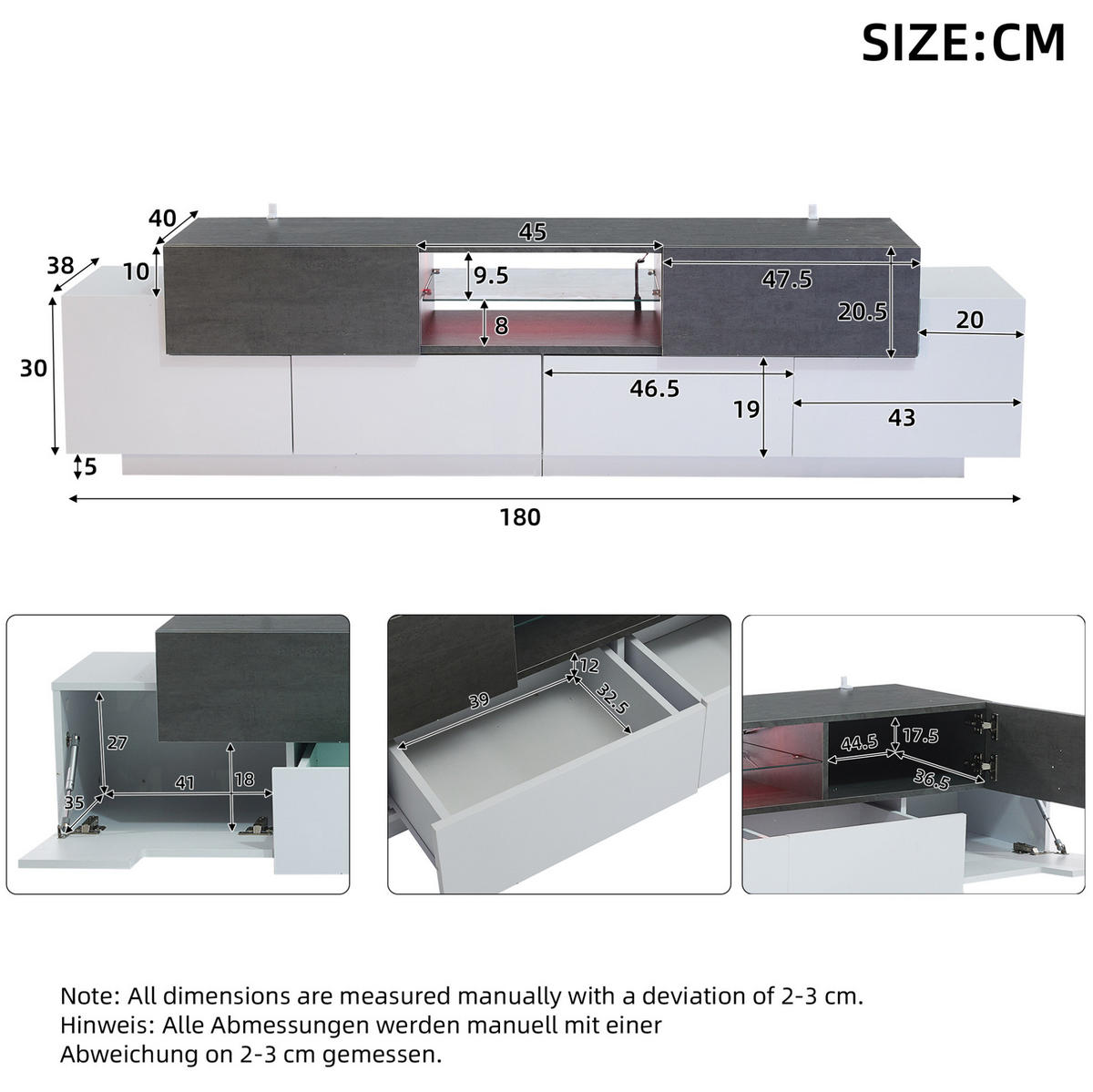 LOWBOARD 180/40/45 cm aus Spanplatte mit LED-Beleuchtung und Glasablagen Weiß/Grau - Weiß, Holzwerkstoff (180/45/40cm) - Modenvie