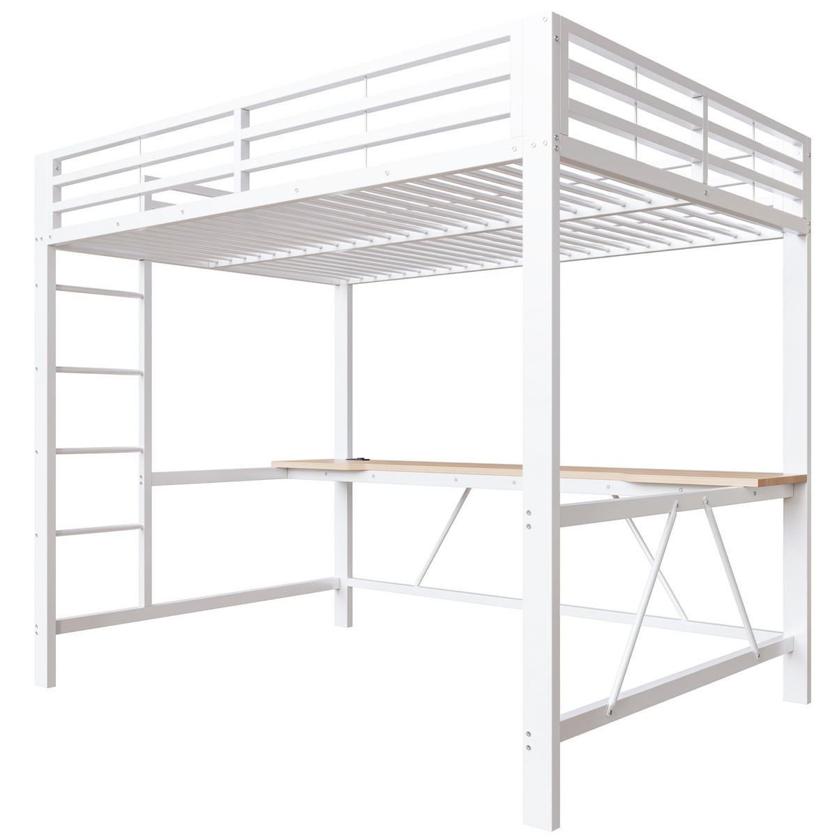 HOCHBETT 140/200 cm DE-03444, mit LED-Beleuchtung, USB-Ladestation und Schreibtisch, in Weiß - Weiß, Holzwerkstoff/Metall (140/200cm) - ComfortXL