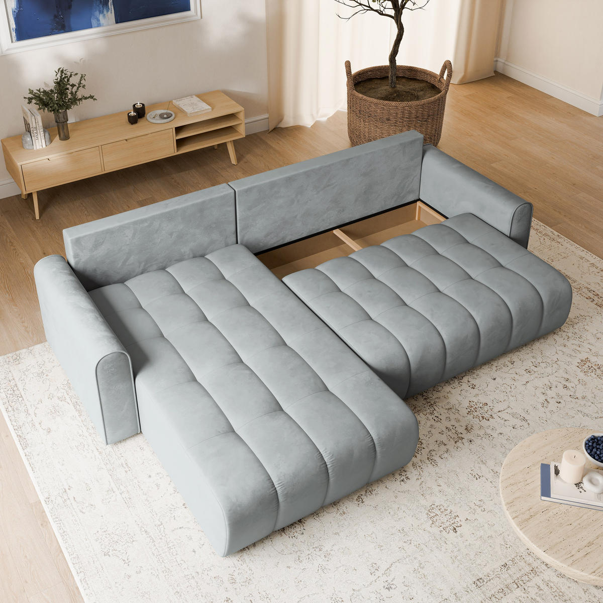 ECKSOFA FRIGA Hellgrau Velours-Stoff mit Schlaffunktion - Hellgrau, Holz (283/185cm) - MASSENO