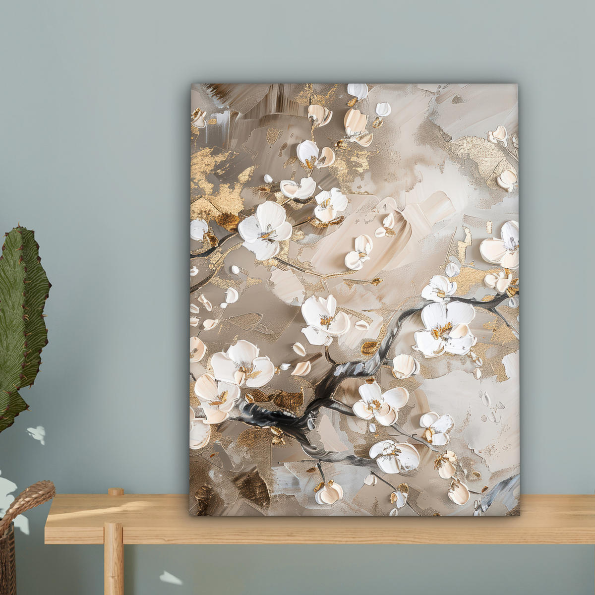 LEINWANDBILD Blumen - Weiß - Gold - Beige - Luxus Room Decor 30x40 cm - Greige, Textil (30/40cm) - MuchoWow
