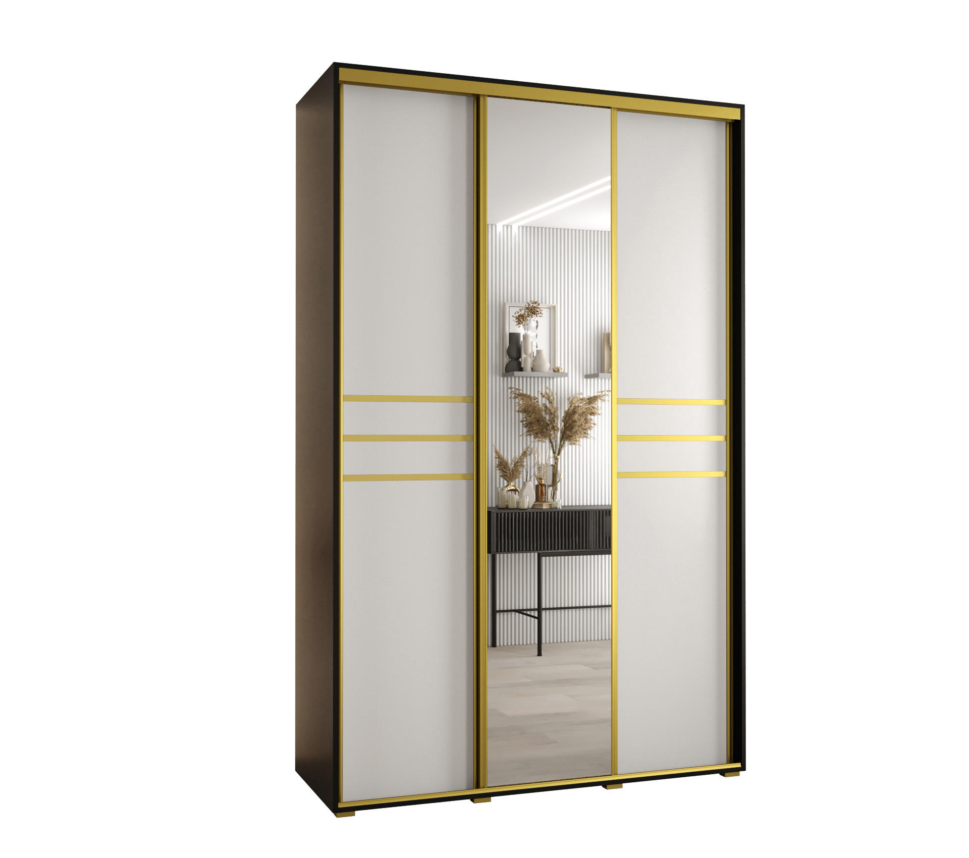 Abiks Möbel Schwebetürenschrank Schwarz, Weiß, Gold 160x235x45 cm