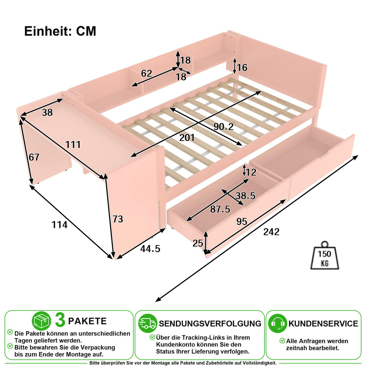 JUGENDBETT 90/200 cm in Pink mit Schreibtisch, 2 Schubladen und Regalen - Rosa, Holz/Holzwerkstoff (90/200cm) - CHICFURN