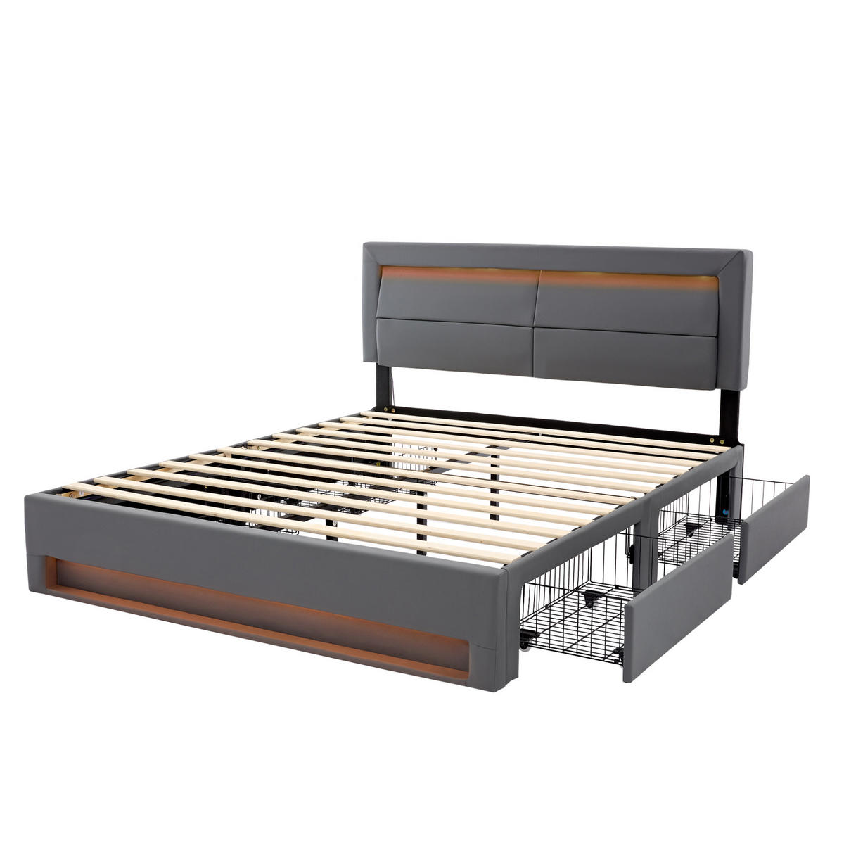 POLSTERBETT aus PU 140x190 cm Grau mit LED-Beleuchtung, USB-Anschluss, kabellosem Laden und 4 Schubladen - Grau, Kunststoff (140/190cm) - Modfu