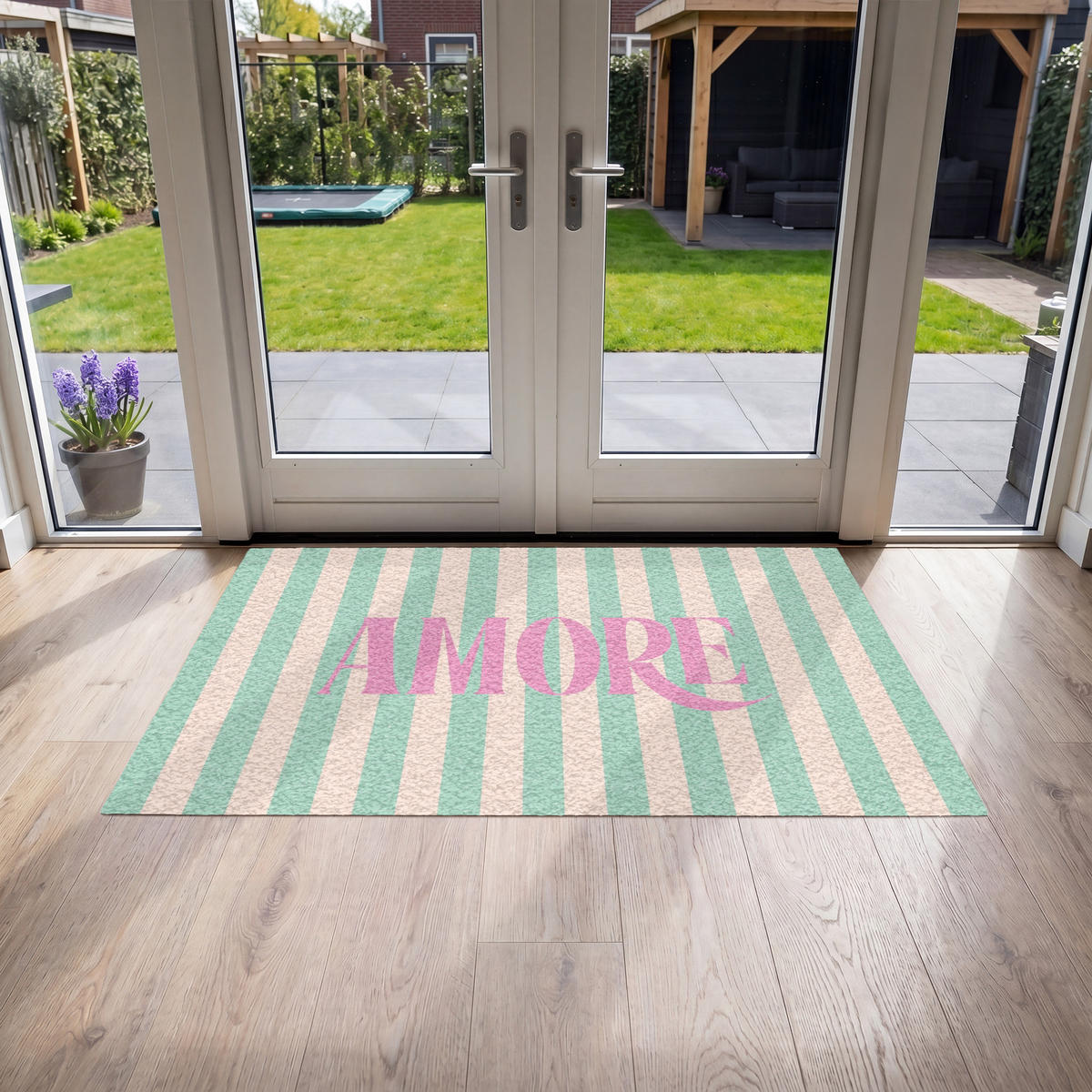 FUSSMATTE Rosa – Grün – Streifen – Amore 150x90 cm - Mintgrün, Kunststoff (150/0.4cm) - MuchoWow