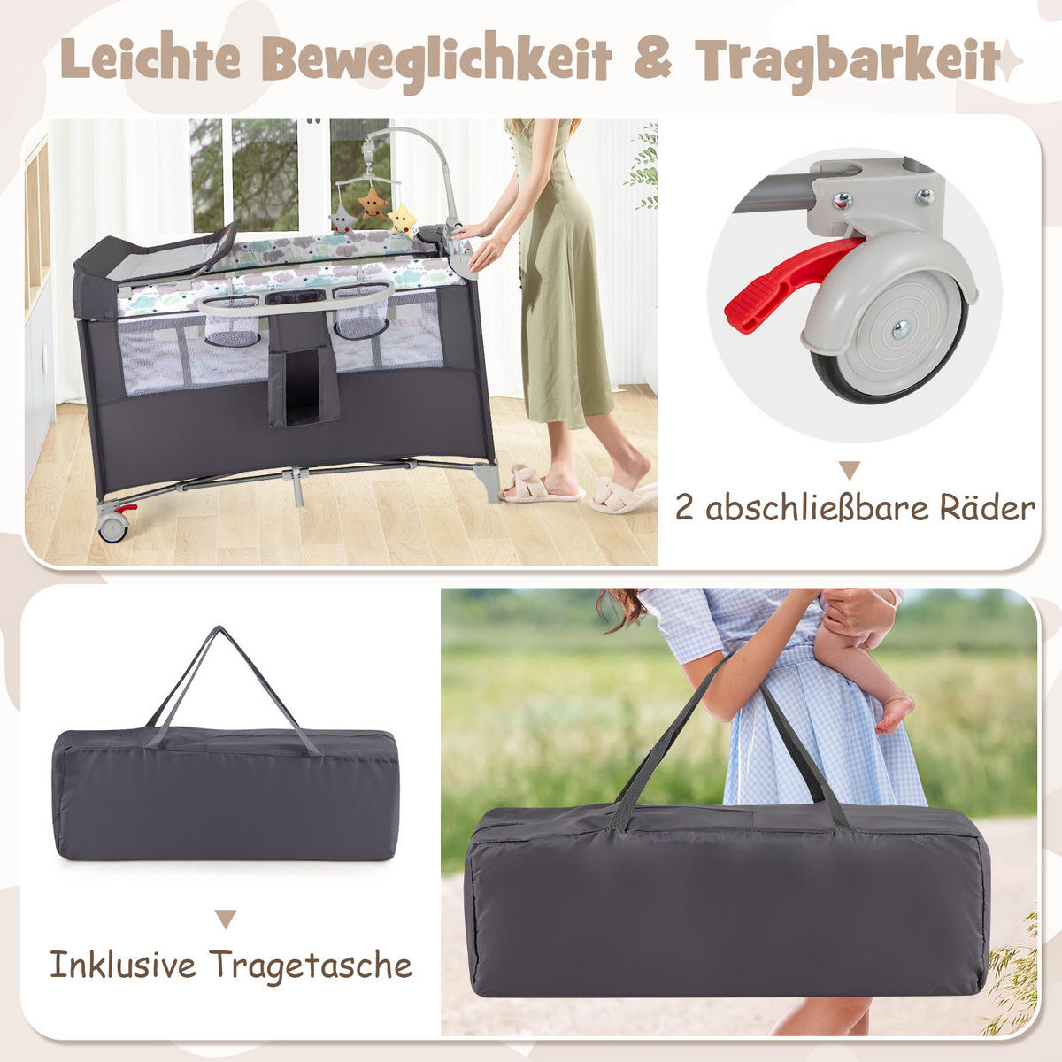 BEISTELLBETT Grau - Grau, Textil - COSTWAY