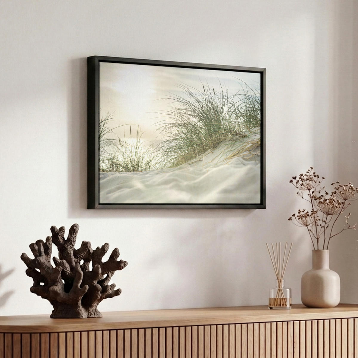 LEINWAND Bilder mit Rahmen - Dünen mit Strandhafer in der Sonne des Nationalparks Schleswig-Holsteinisches Wattenmeer - 30x20 - Creme, Textil (30/20cm) - MuchoWow