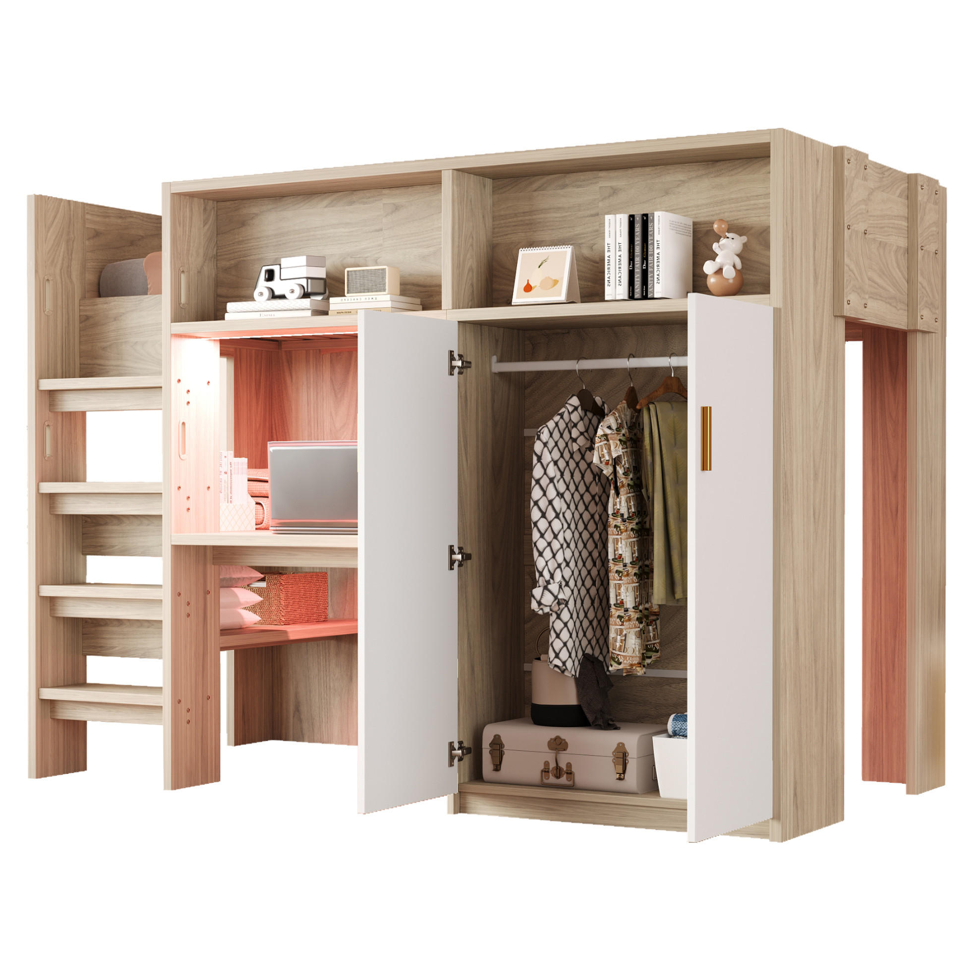 HOCHBETT 90/200 cm mit Schreibtisch, Kleiderschrank, Regal, LED und Lattenrost aus Holzwerkstoff, Naturfarben/Weiß - Naturfarben, Holzwerkstoff (90/200cm) - Redom