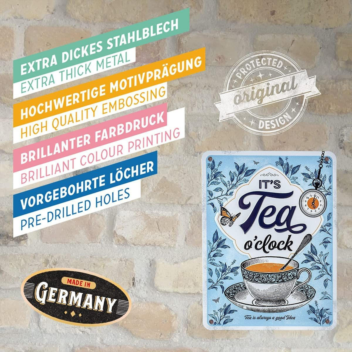 BLECHSCHILD 15/20 cm Home & Country It's Tea O'Clock - Multicolor, Metall (15/20/0.5cm) - Nostalgic-Art