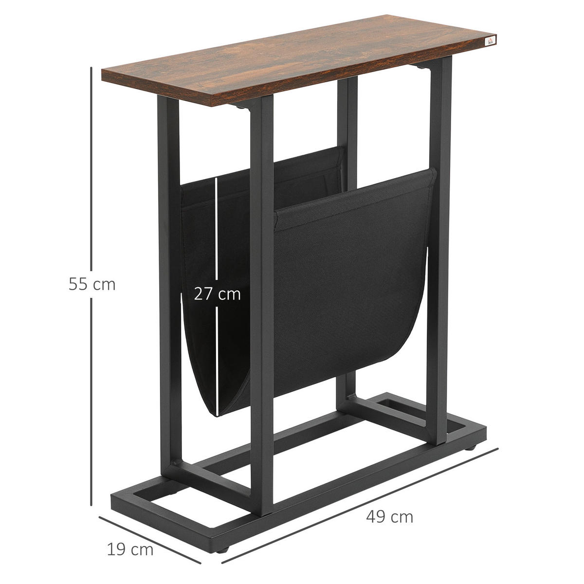 BOČNÍ stolek 49/19/55 cm tmavě hnědý z polyesteru s úložnou kapsou - hnědá, textil (49/19/55cm) - OKWISH