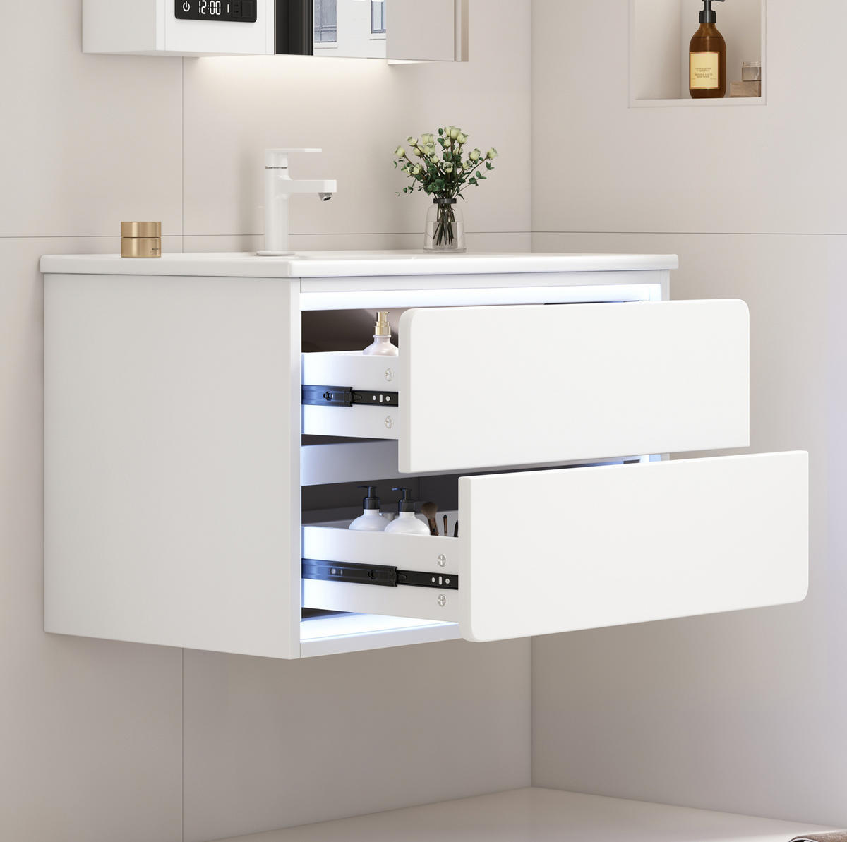WASCHTISCHKOMBI 76/46/48,5 cm Weiß aus MDF und Keramik mit LED-Radarsensor-Beleuchtung - Weiß, Holzwerkstoff (76/58.5/46cm) - OKMYHOME