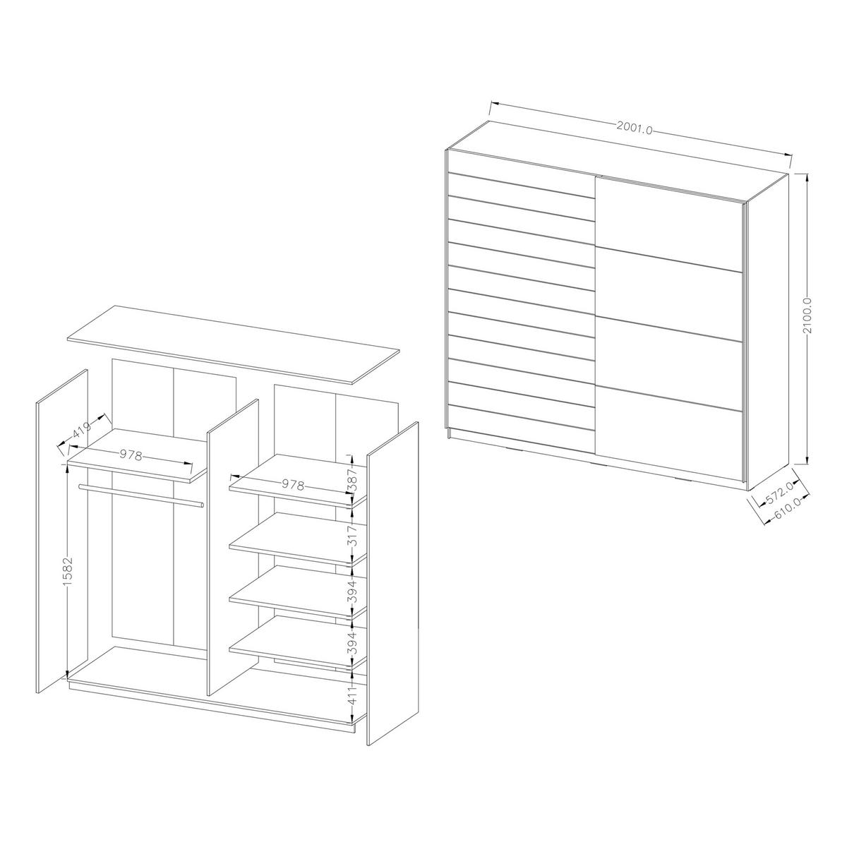 SCHWEBETÜRENSCHRANK GALASSIA 200/210/61 cm 2-türig Weiß - Eichefarben/Weiß, Holzwerkstoff (200/210/61cm) - MASSENO