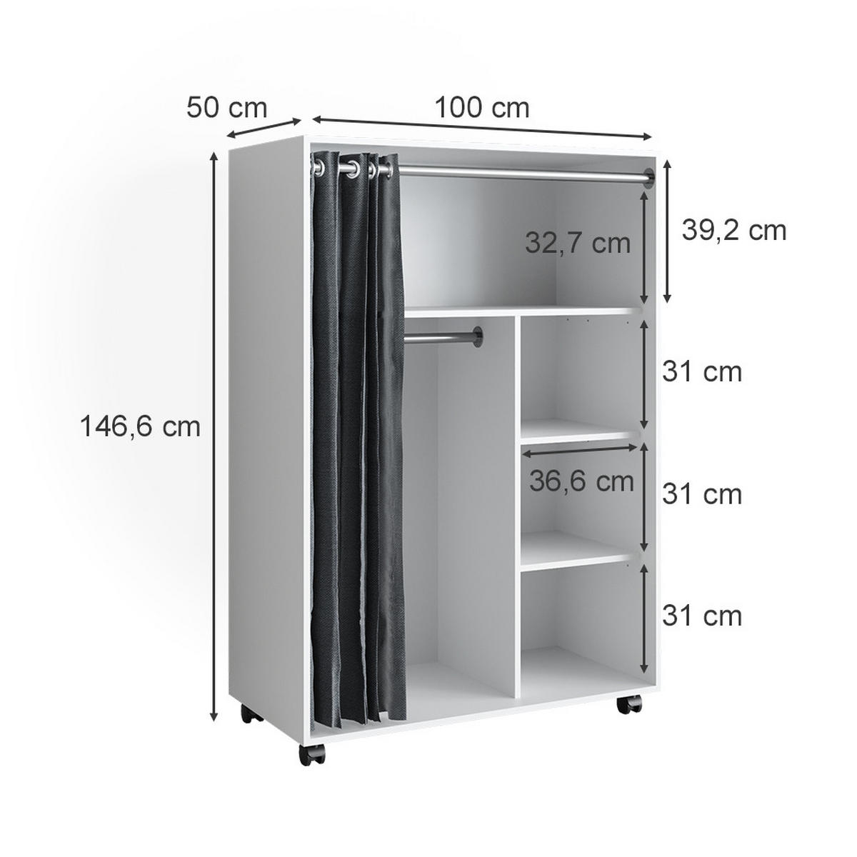 KLEIDERSCHRANK Doros Weiß 100 x 146.6 cm mit Rollen - Weiß, Holzwerkstoff (100/146.6/50cm) - Vicco