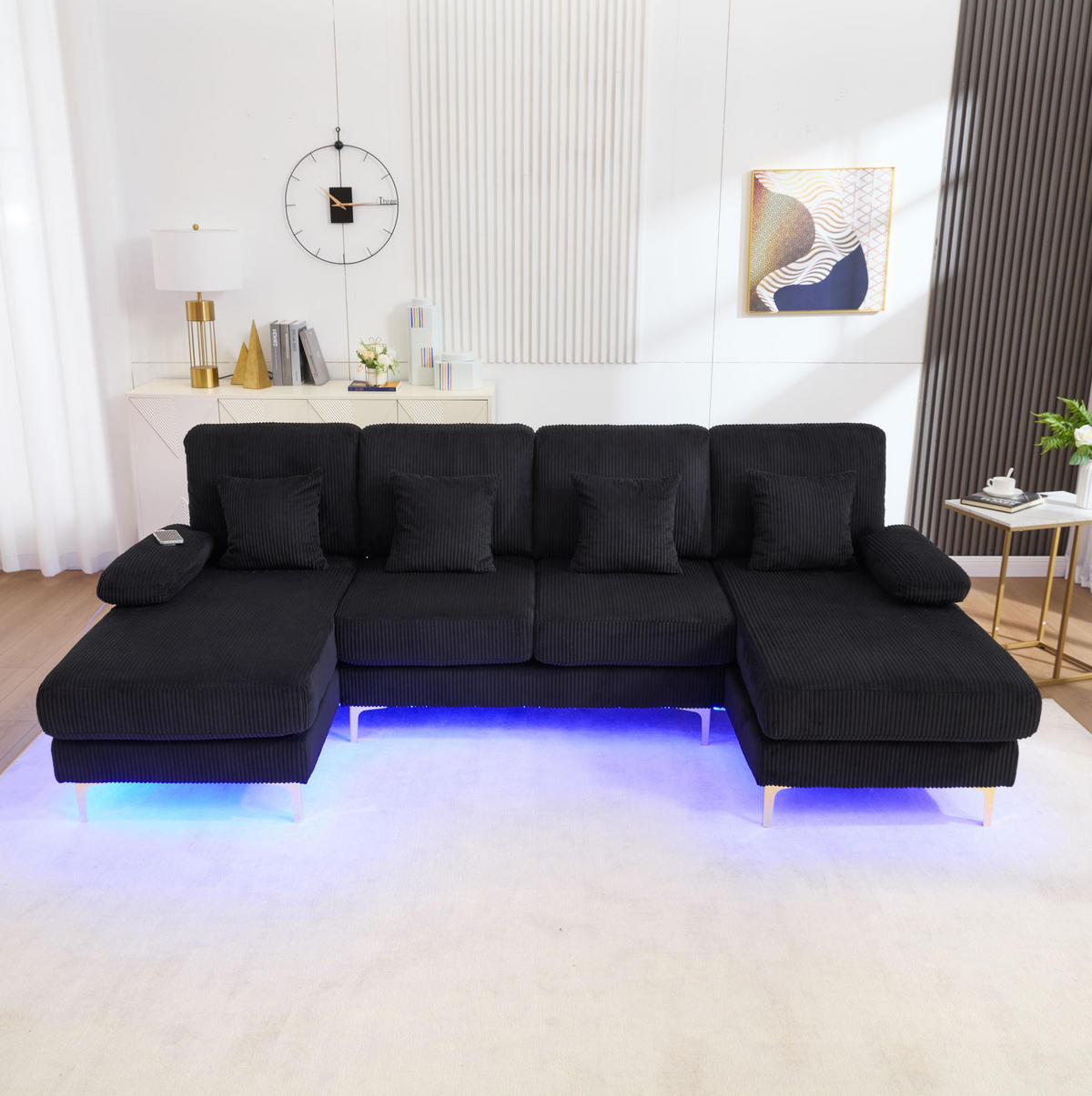 U-SOFA Wohnlandschaft Samt mit LED-Beleuchtung und USB-Anschluss 265/135/88 cm Schwarz - Schwarz, Textil (135/88/265cm) - Redom