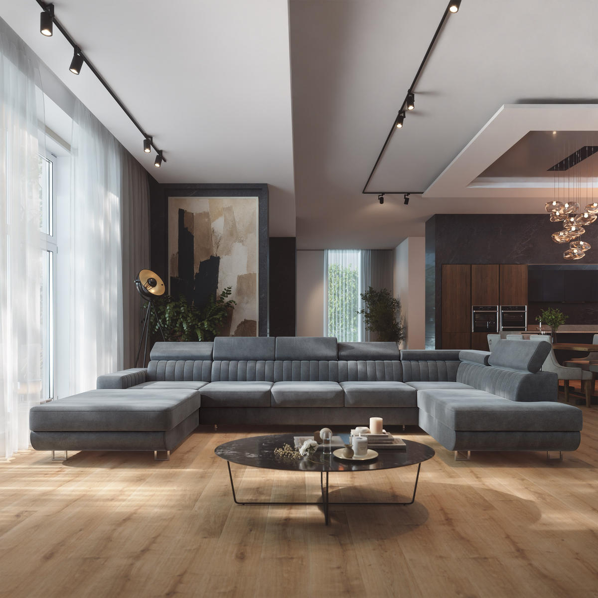 WOHNLANDSCHAFT GAIAN Grau Velours-Stoff mit Schlaffunktion - Grau, Holz (412/88/190cm) - MASSENO