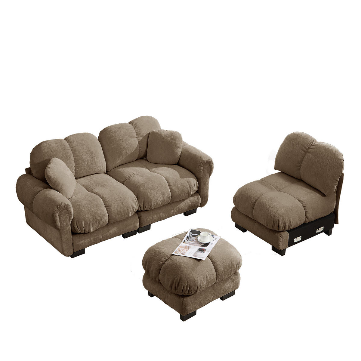 SOFA mit beweglichem Hocker und 2 Kissen Chenille Braun - Braun, Holz (149/260cm) - Meubliv