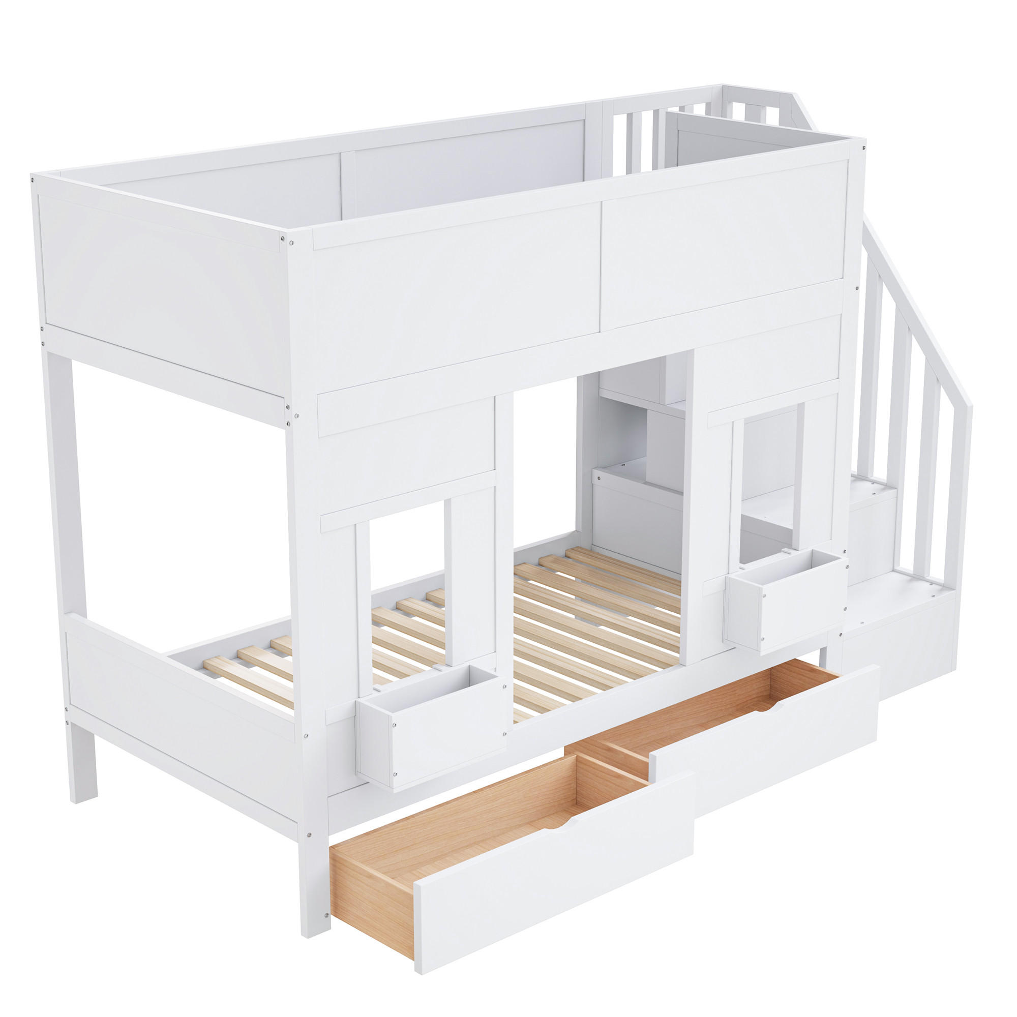 ETAGENBETT 90/200 cm DE-01539, in Weiß, mit Stauraumtreppe, Schubladen und Fensterdesign - Weiß, Holz (90/200cm) - ComfortXL