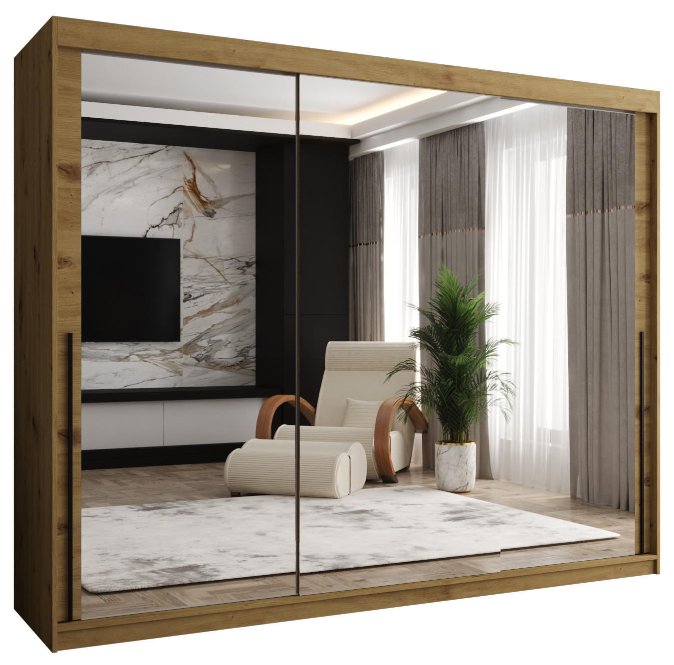 Home Collective ŠATNÍ SKŘÍŇ S POSUVNÝMI DVEŘMI se zrcadlem, šířka 250 cm, Artisan s černým madlem