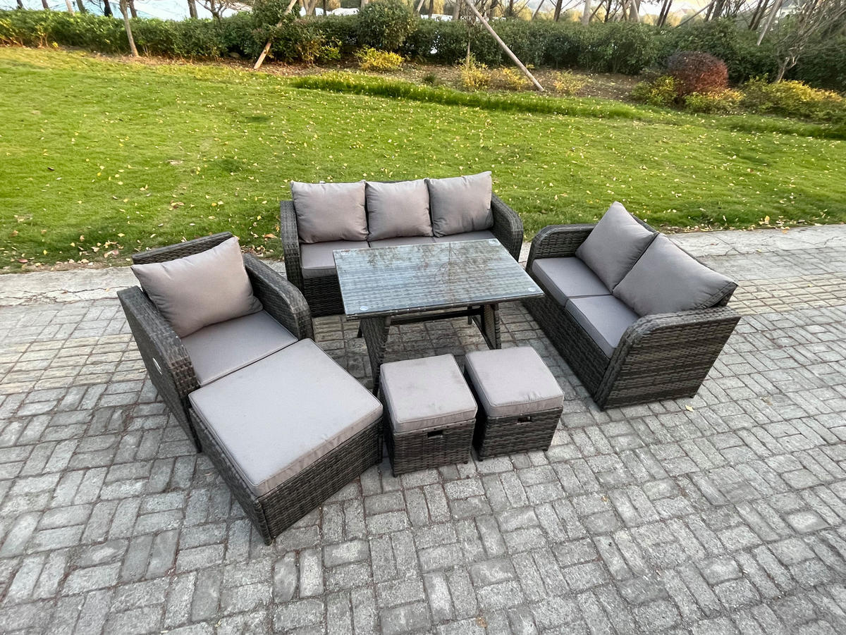 GARTENMÖBEL SET Polyrattan Dunkelgrau 9-Sitzer - Dunkelgrau/Grau, Glas/Kunststoff - Fimous