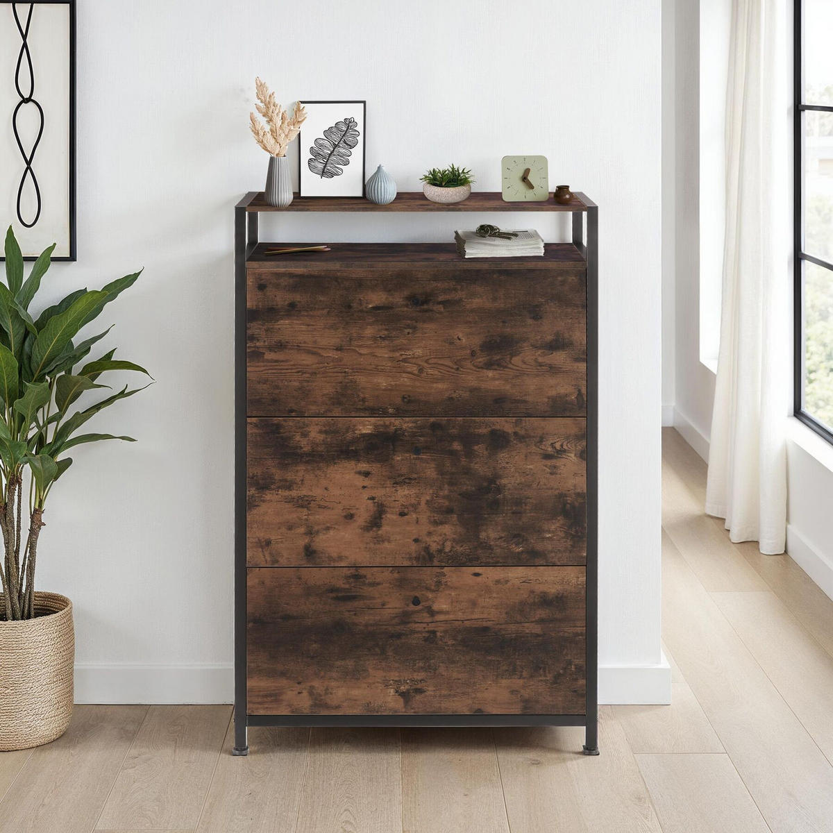 SCHUHSCHRANK Buffalo,inklusive Kippschutz, 81 x 32 x 130 cm,Industrial Holz dunkel, rustikal - Rostfarben, Holzwerkstoff (32/130/81cm) - tectake
