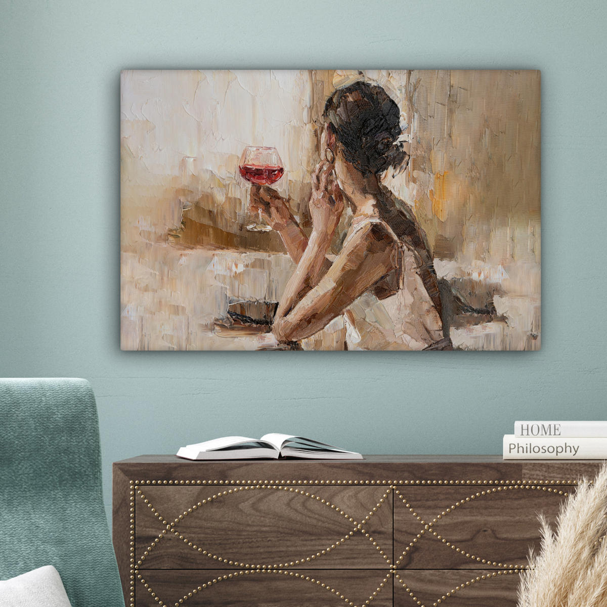 LEINWANDBILD Ölgemälde - Frau - Wein Gemälde 60x40 cm - Hellbraun, Textil (60/40cm) - MuchoWow