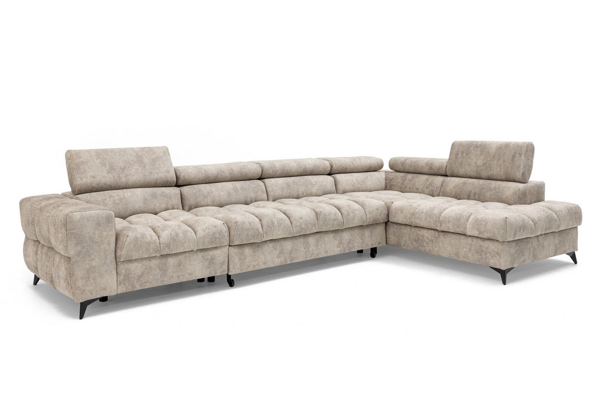 ECKSOFA PUDDING MAXI L Links mit Schlaffunktion 125x195 Velours Beige - Beige/Schwarz, Holz/Textil (350/203cm) - Muffo