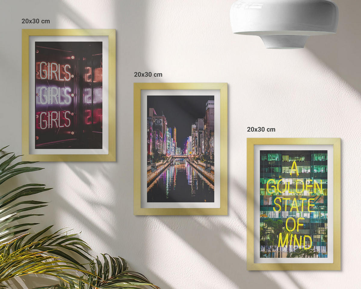 WANDBILDER 3er Set - 20x30 cm Goldrahmen - Neonlichter am Fluss bei Nacht - Goldfarben, Kunststoff (20/30cm) - ArtPrintCave