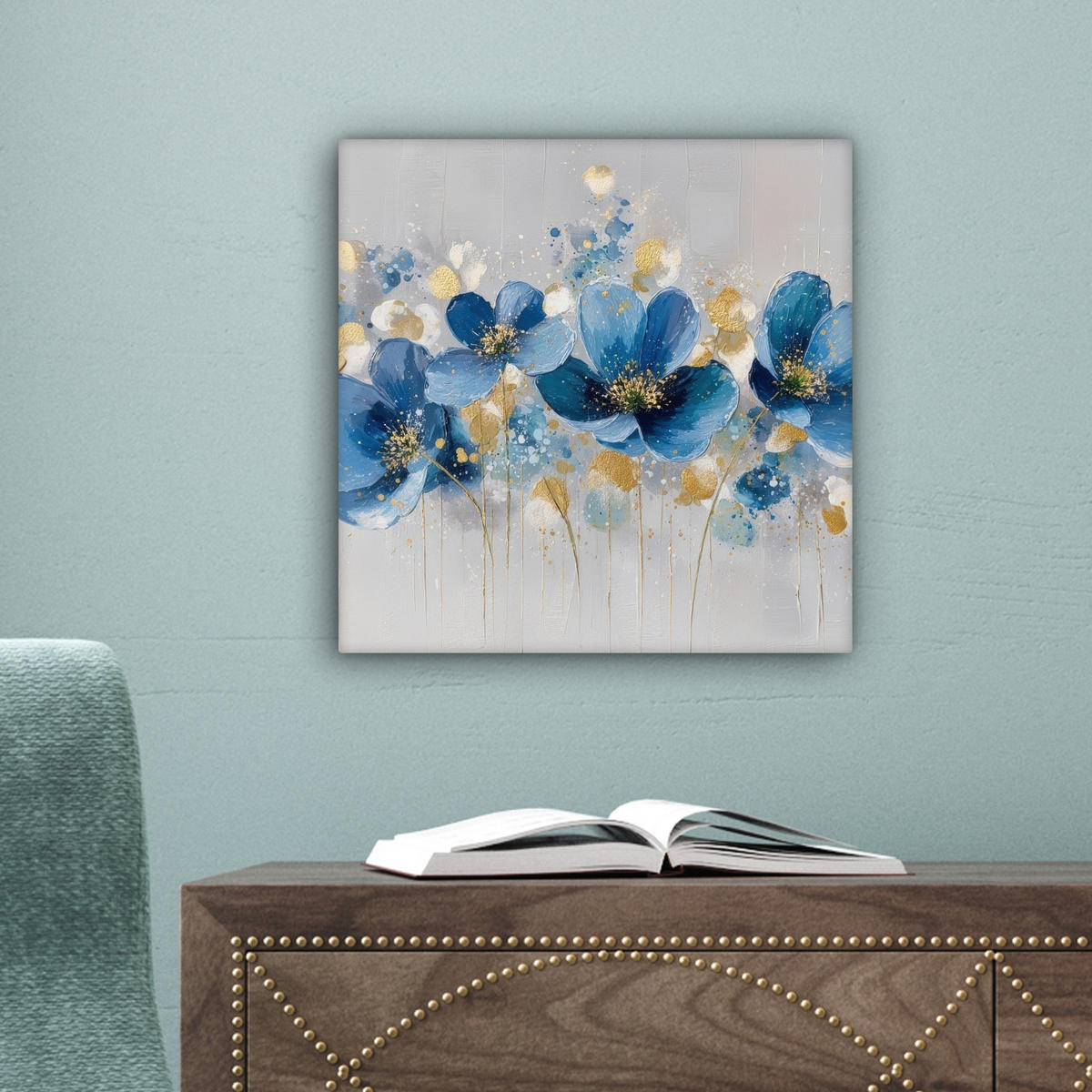 LEINWANDBILD Blumen - Blau - Abstrakt Deko Wohnzimmer 20x20 cm - Hellgrau, Textil (20/20cm) - MuchoWow