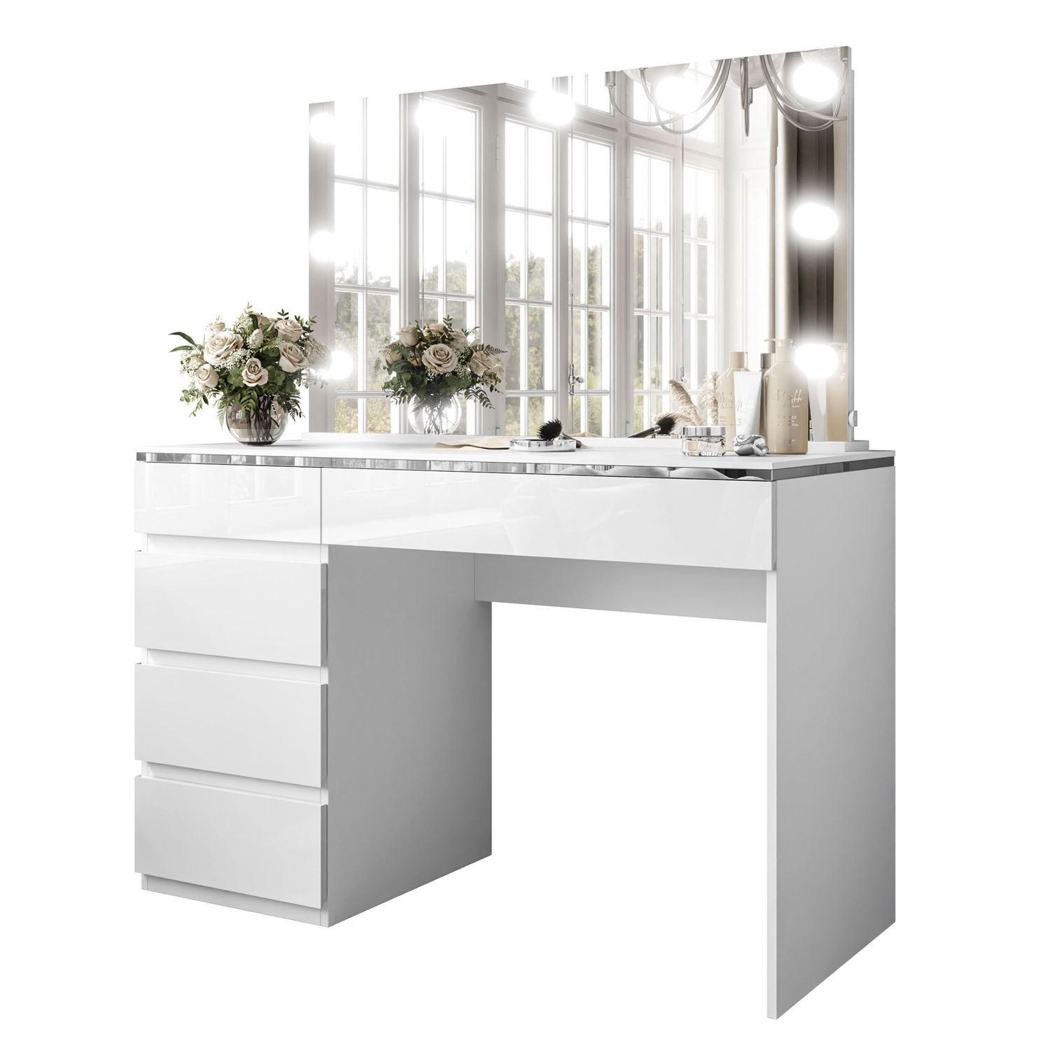 SCHMINKTISCH AURORA II SILVER ELITE mit Spiegel und Beleuchtung - Weiß Hochglanz, Holzwerkstoff (120/78.5/55cm) - Lookway