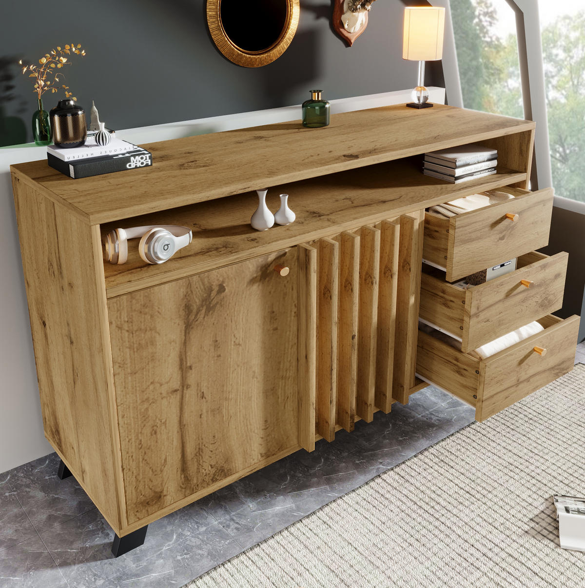 SIDEBOARD aus Spanplatte und MDF 120x40x85 cm Dunkle Eiche mit 3 Schubladen und Lamellentüren - Braun, Holzwerkstoff (120/85/40cm) - IVMEU