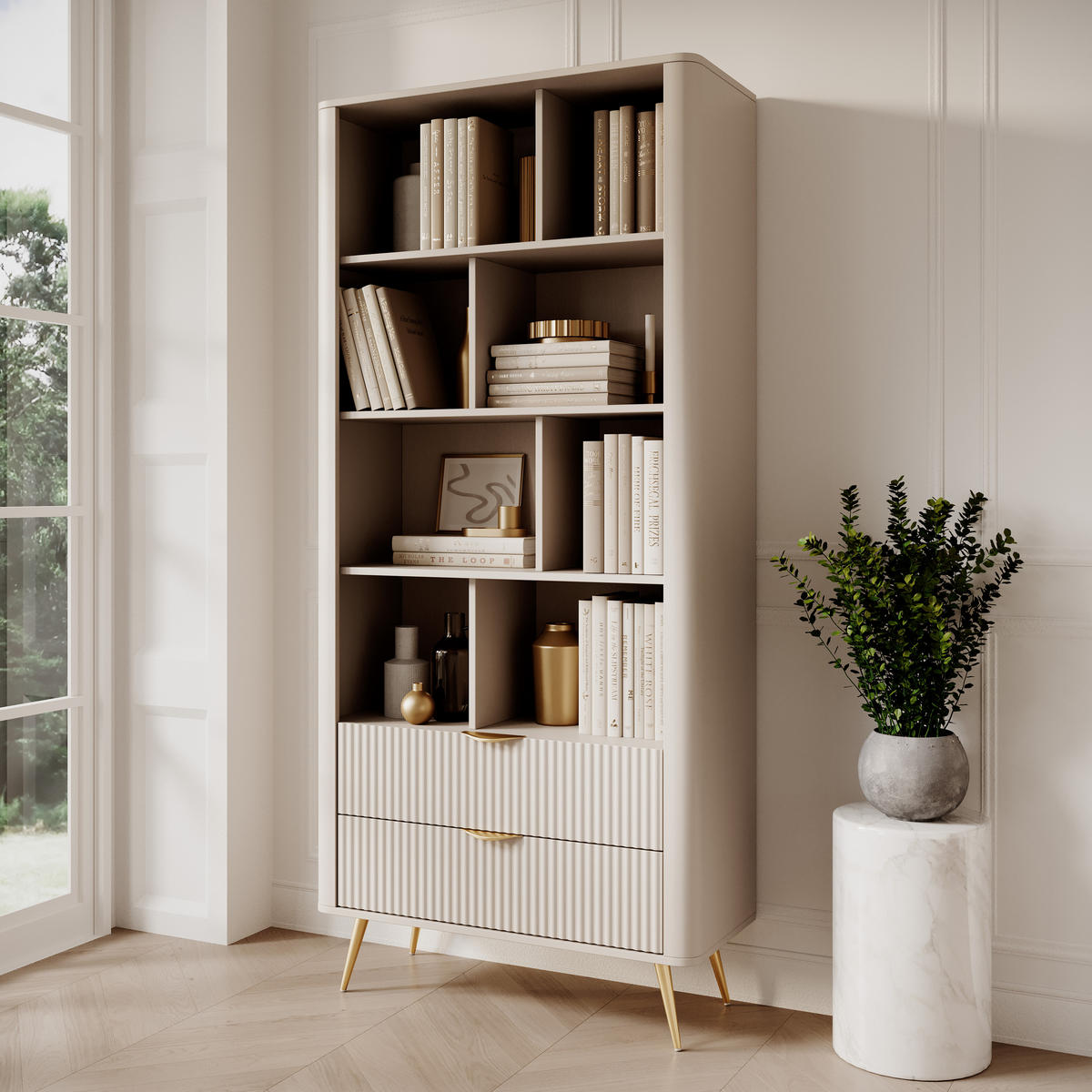 REGAL Vespasia 2S Beige 88,2/193,8/38 cm – Geriffelten Fronten - Beige/Goldfarben, Holzwerkstoff/Metall (88.2/193.8/38cm) - AX Living
