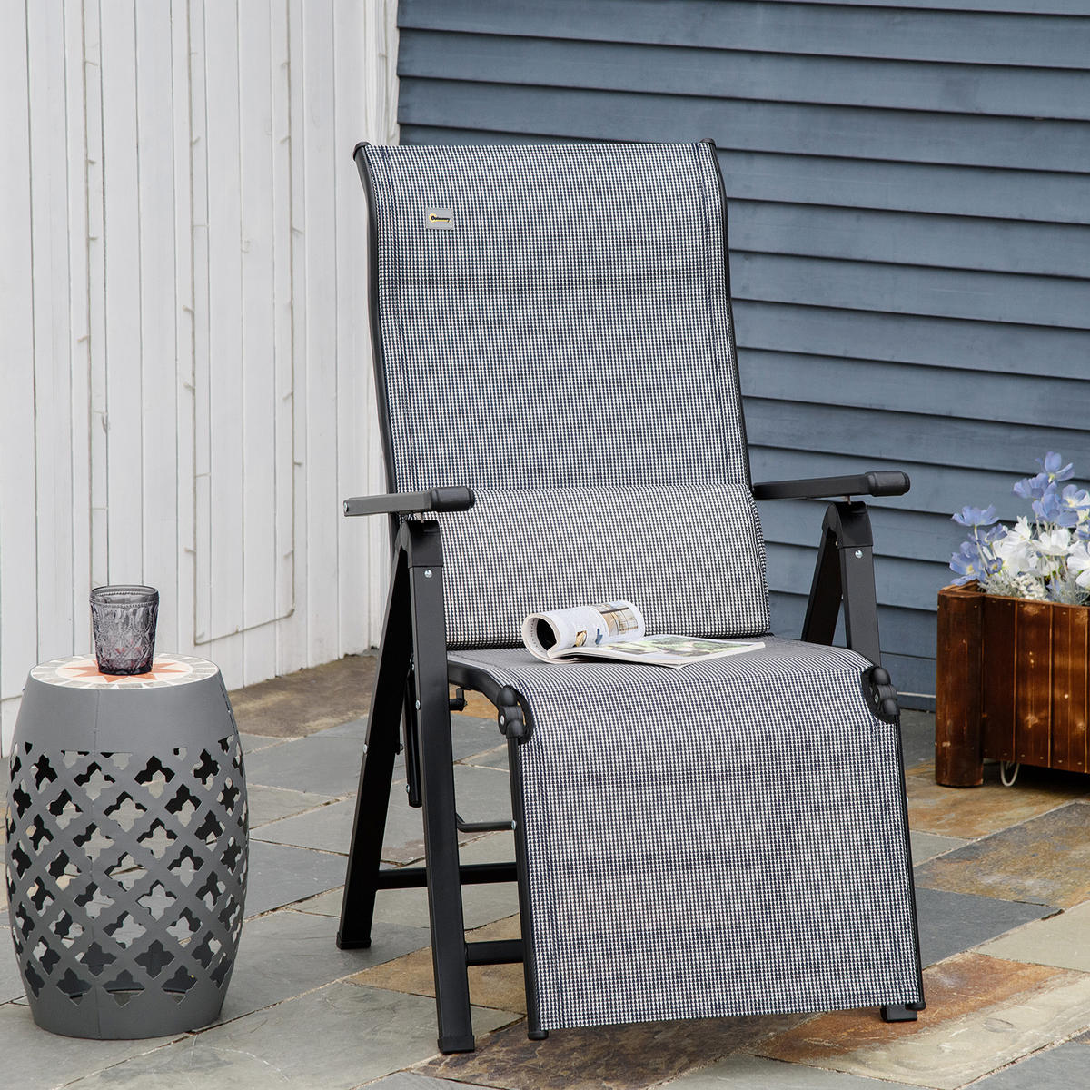 GARTENLIEGE 1 Position verstellbar Textilene Stahl Schwarz+Grau 70 x 65 x 111 cm - Grau, Kunststoff (65/111/70cm) - Outsunny