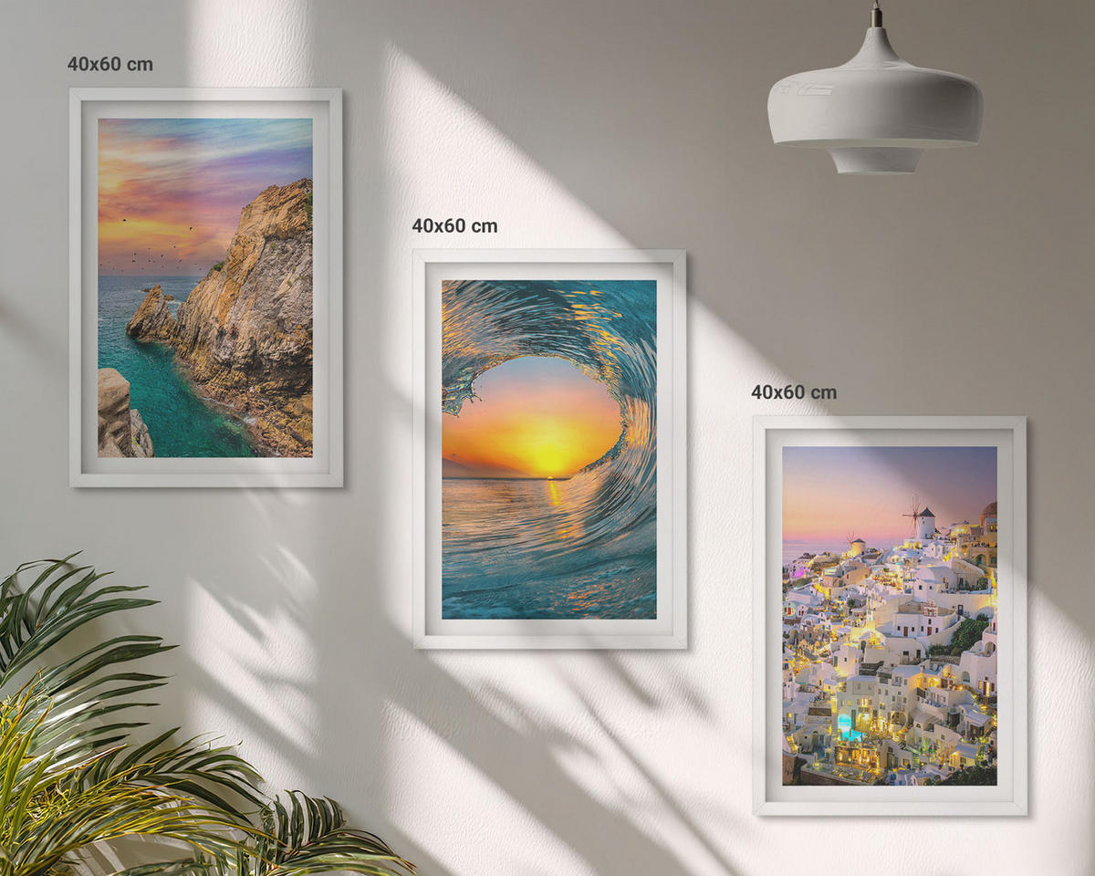 BILDER SET 3er Set - 40x60 cm Weißer Rahmen - Meereswellen, weiße Häuser, Santorini - Weiß, Kunststoff (40/60cm) - TULUP