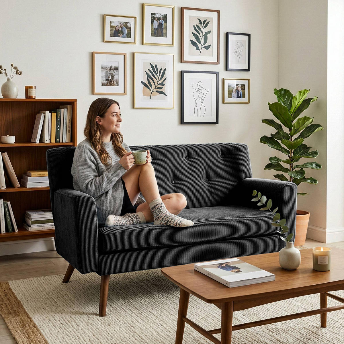 SOFA Arne Cord 2-Sitzer 120x74x81cm Cord Schwarz Couch - Schwarz, Kunststoff (120/81/74cm) - DELUKE
