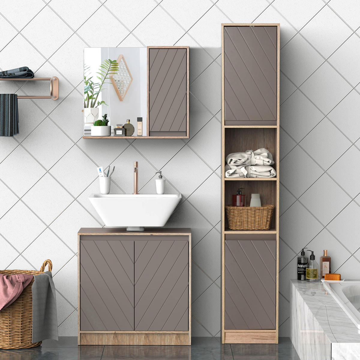 SPIEGELSCHRANK Grauer und eichenfarbener Badezimmer-Wandschrank, 57 x 14,2 x 49,2 cm - Grau, Glas (57/49.2/14.2cm) - Vallsero