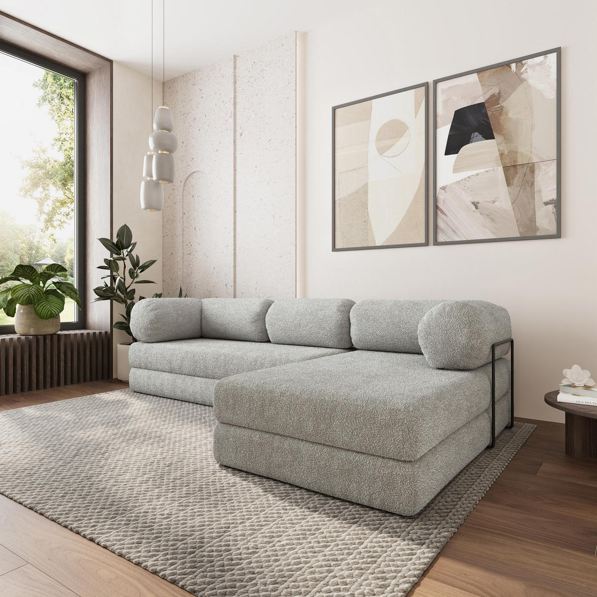 ROHOVÁ SEDAČKA KELI modulární Boneless pohovka s funkcí spaní, světle šedá QUELLE 83 - světle šedá, textil (270/160cm) - MASSENO