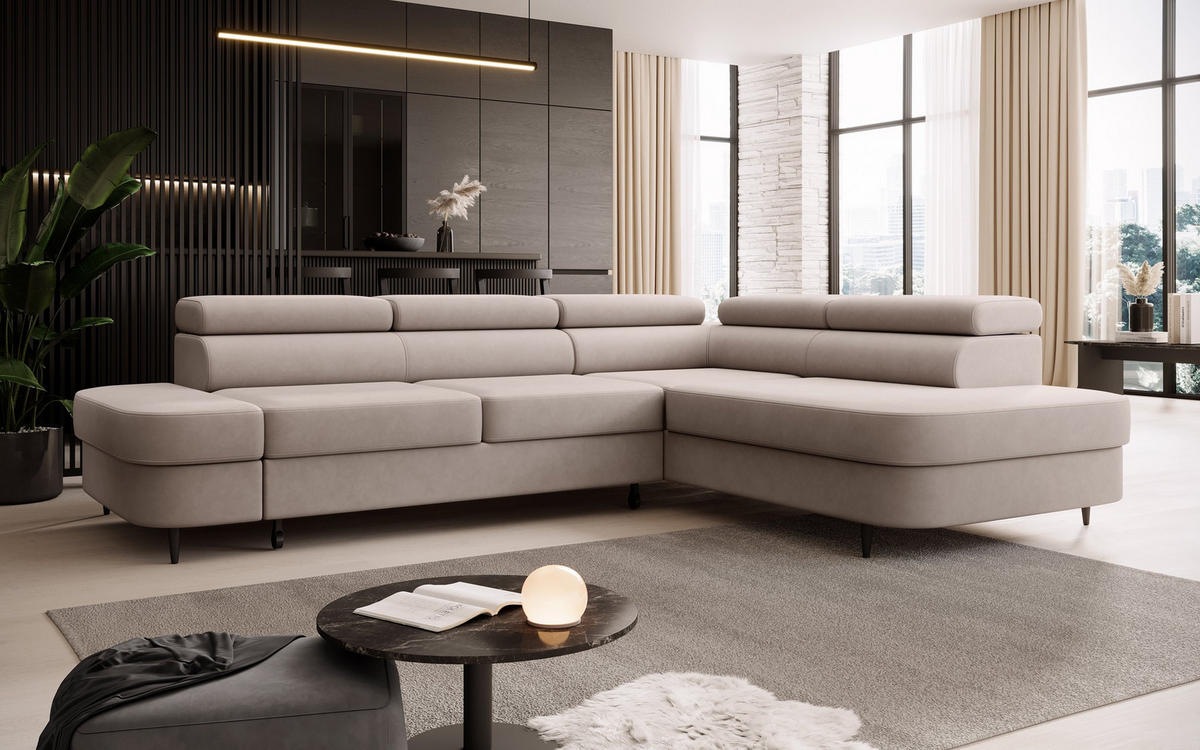 ECKSOFA Priam L-Form mit Schlaffunktion und Stauraum Modern Form Beige - Beige, Holz/Textil (275/203cm) - Muffo