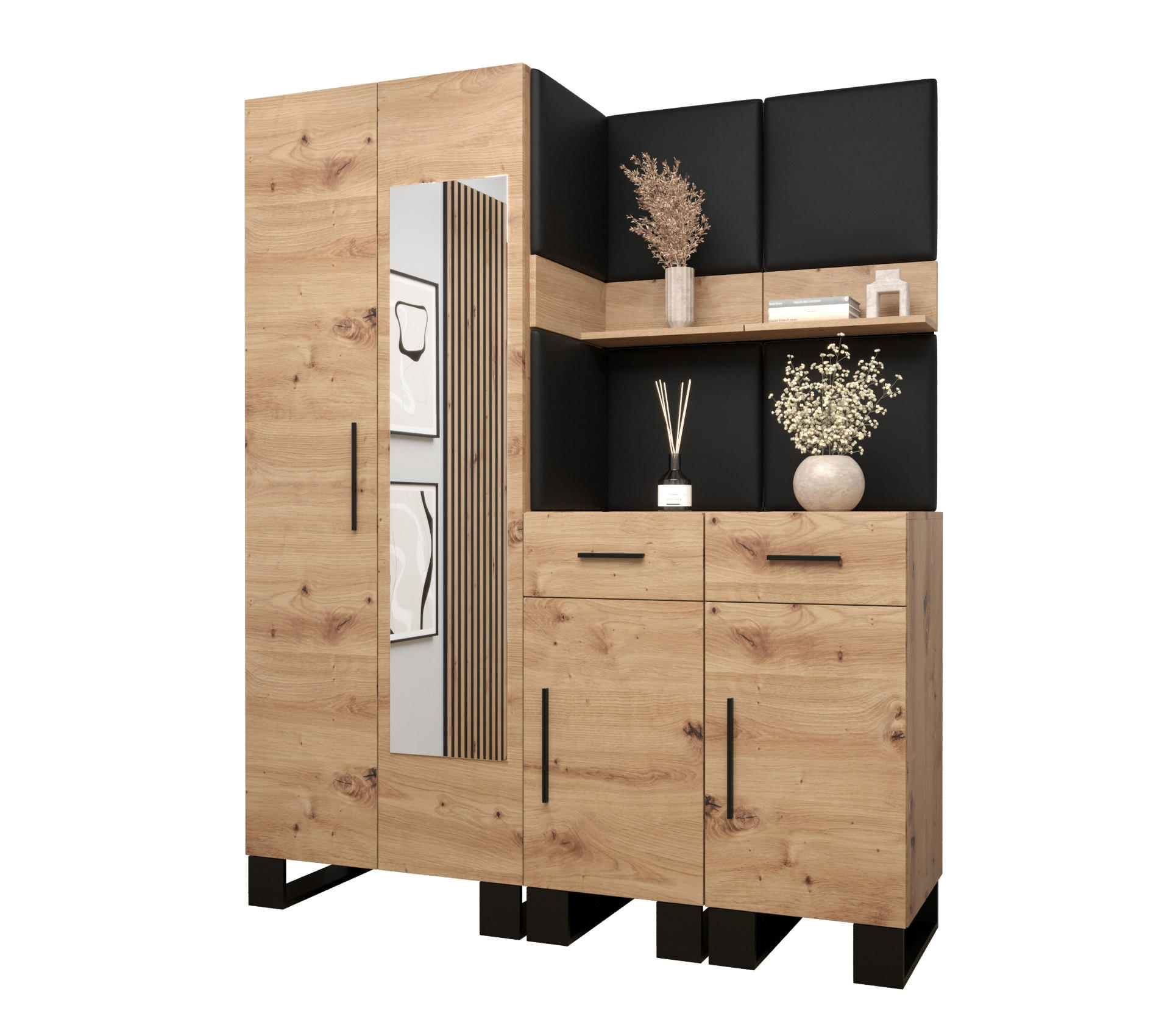 Abiks Möbel Garderoben-Set Eiche Artisan, Schwarz 158x196x45.6 cm