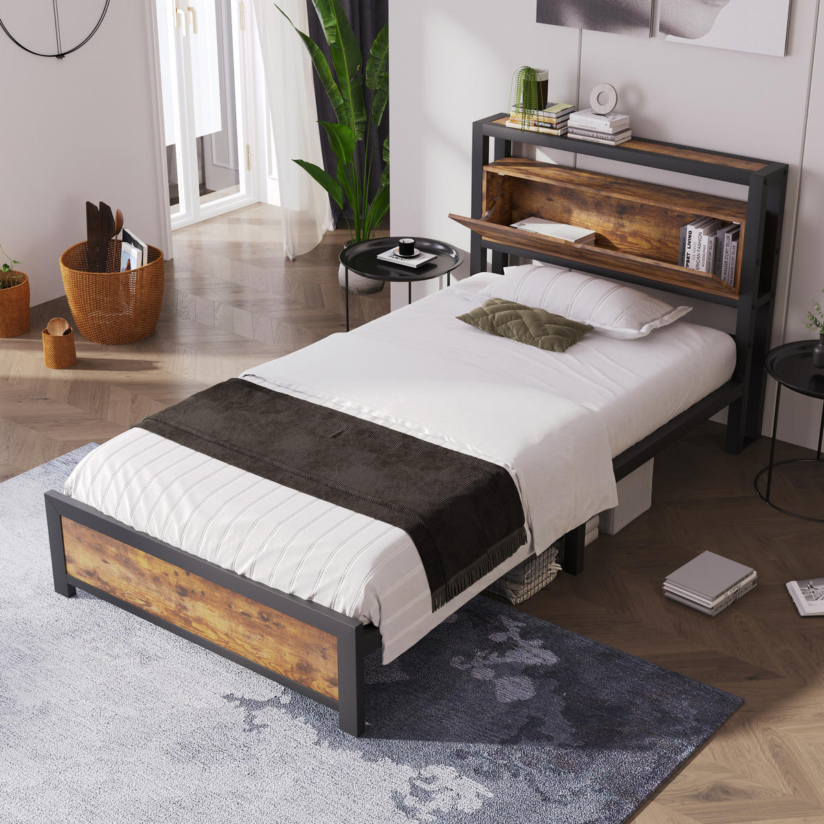 JUGENDBETT 90/200 cm aus Metall und Holzwerkstoff mit Stauraum-Kopfteil Natur/Schwarz - Naturfarben, Metall (90/200cm) - Modenvie