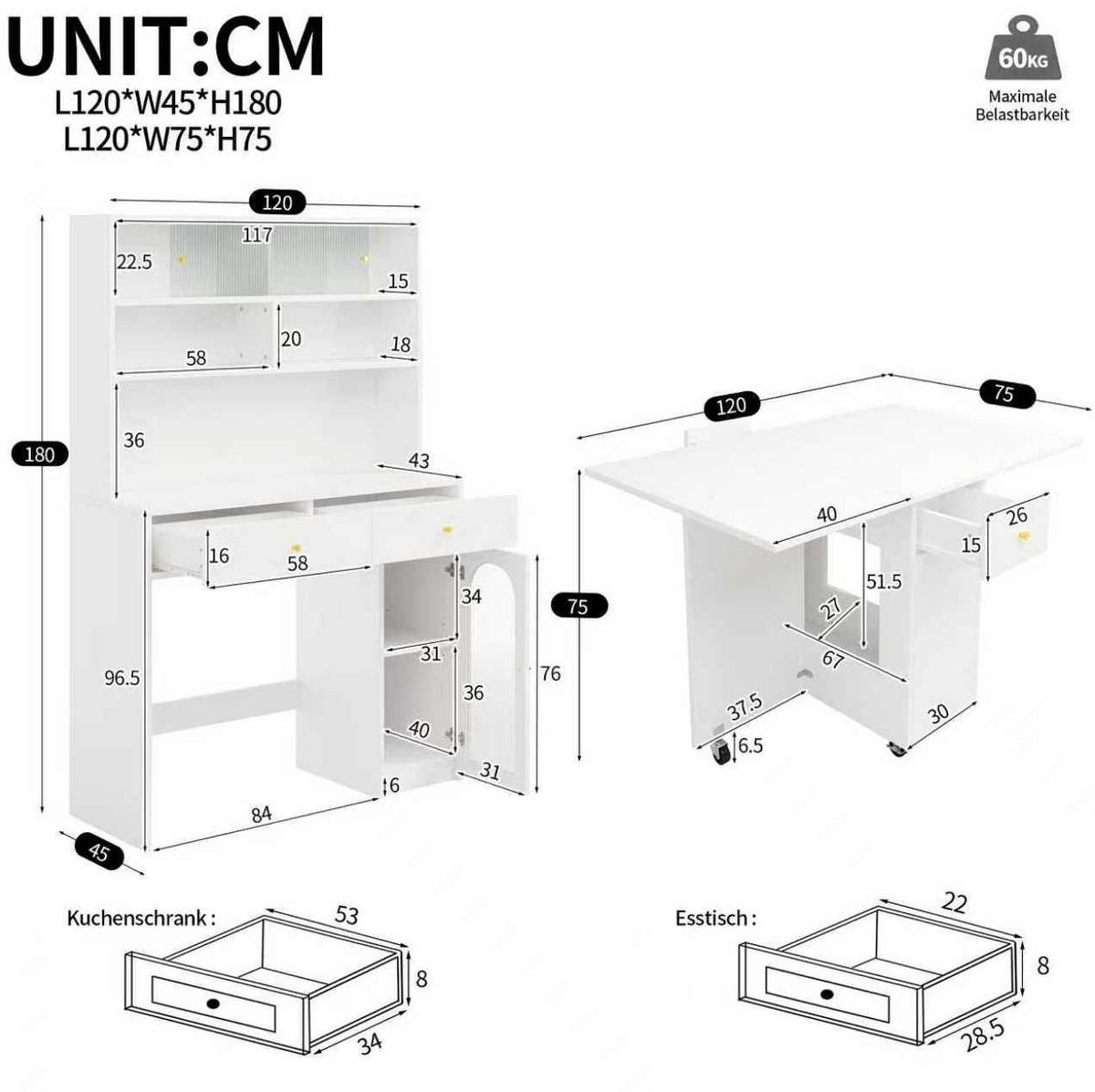 BUFFET-SET 120/45/180 cm weiß aus MDF mit klappbarem Esstisch - Weiß, Holzwerkstoff (120/180/45cm) - OKWISH