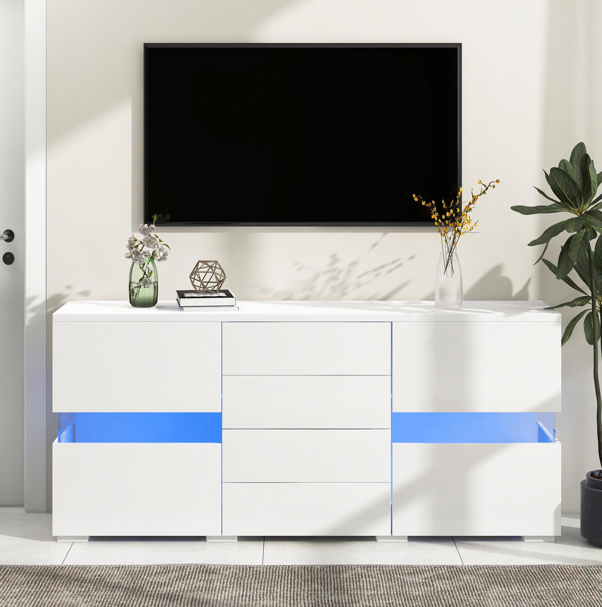 SIDEBOARD 140/35/72 cm, Hochglanz-Front, 2 Acryltüren und 4 Schubladen, 16-Farben RGB-LED, Weiß - Weiß, Holzwerkstoff (140/72/35cm) - Redom