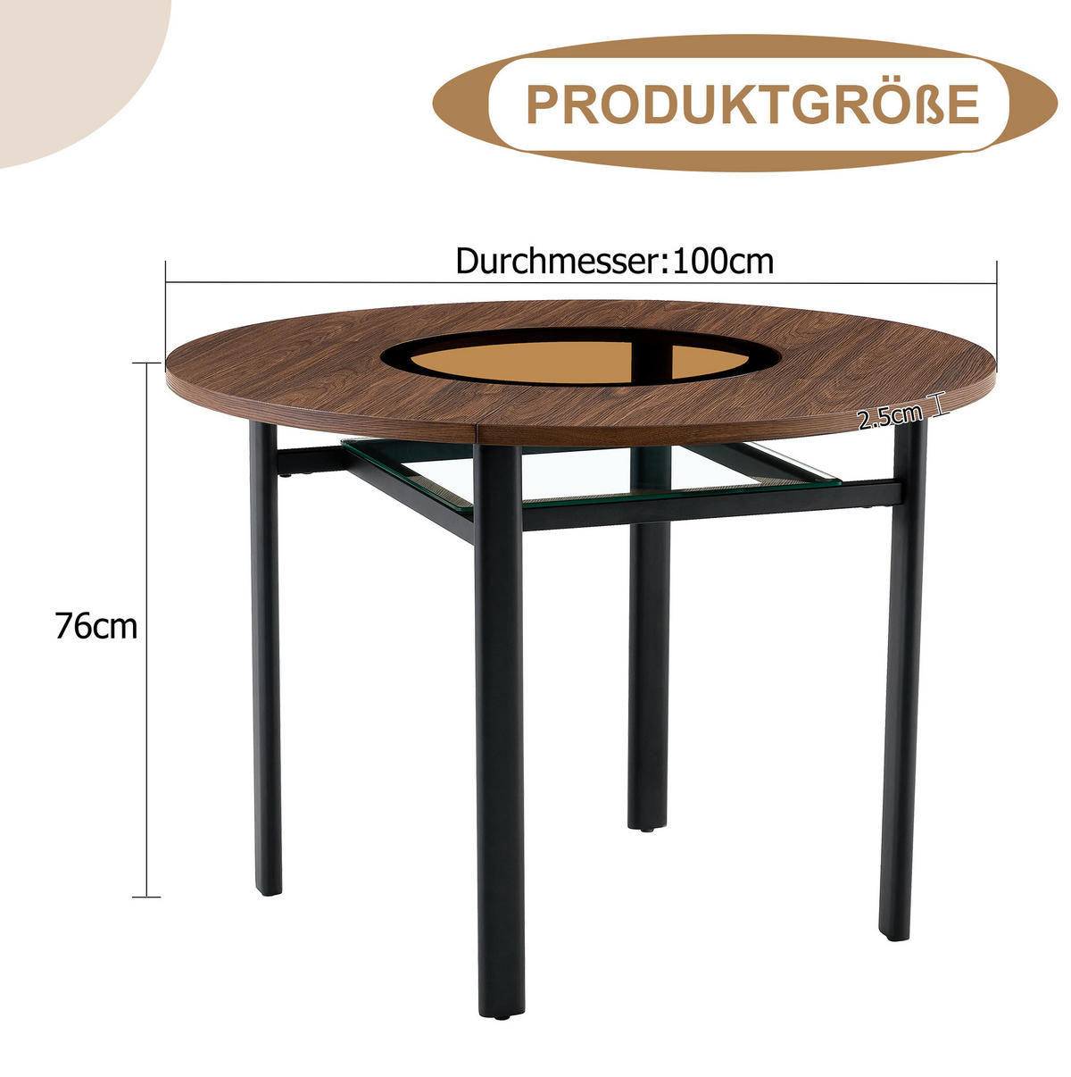 ESSTISCH rund 100 cm in Braun/Schwarz mit Glasintarsie und Ablage - Braun, Holzwerkstoff (100/100/76cm) - Flora Grace