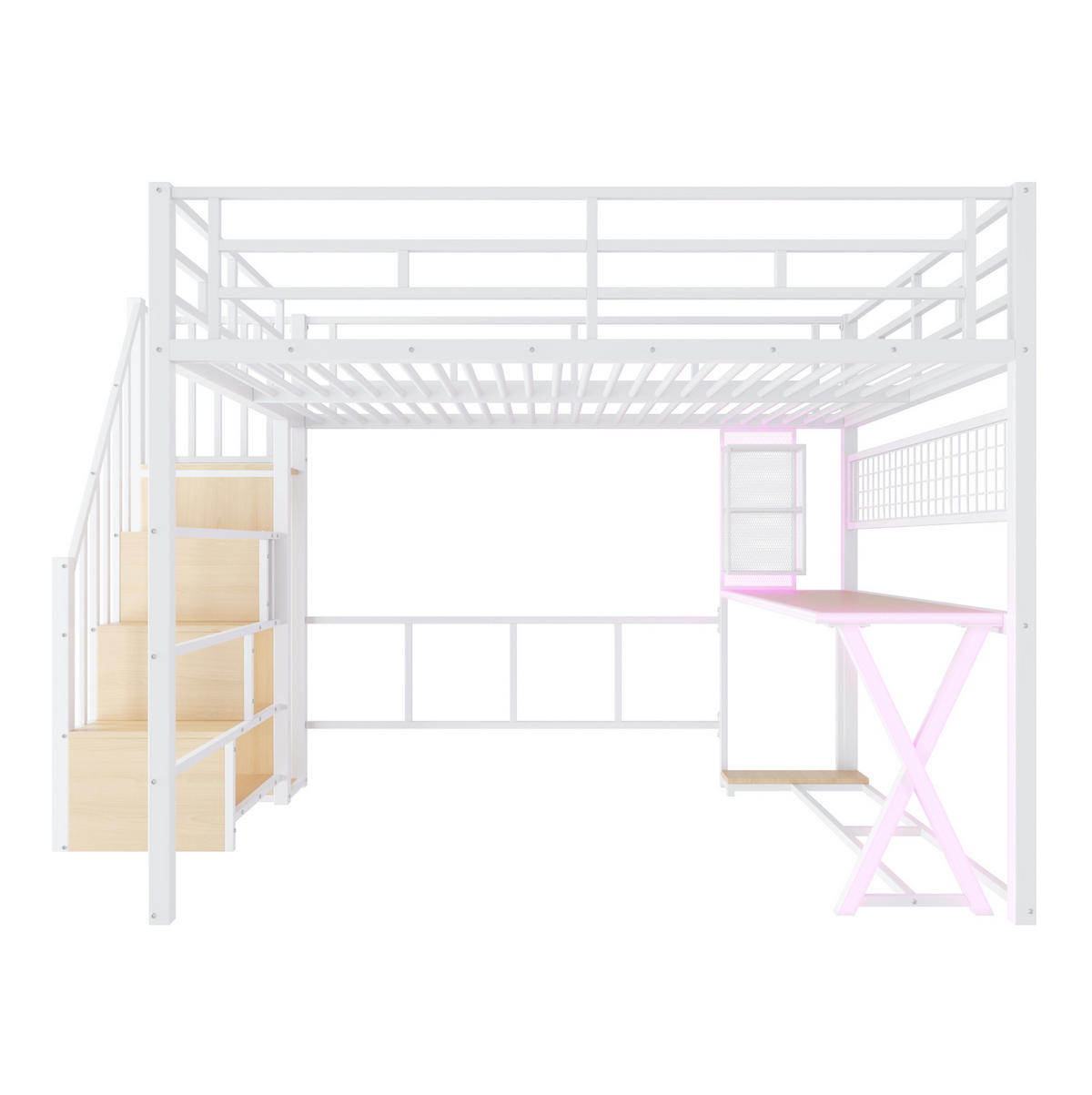 HOCHBETT aus Metall und MDF 160x200 cm Weiß mit LED-Beleuchtung, Schreibtisch und Kleiderschrank - Weiß, Holzwerkstoff (160/200cm) - Modfu