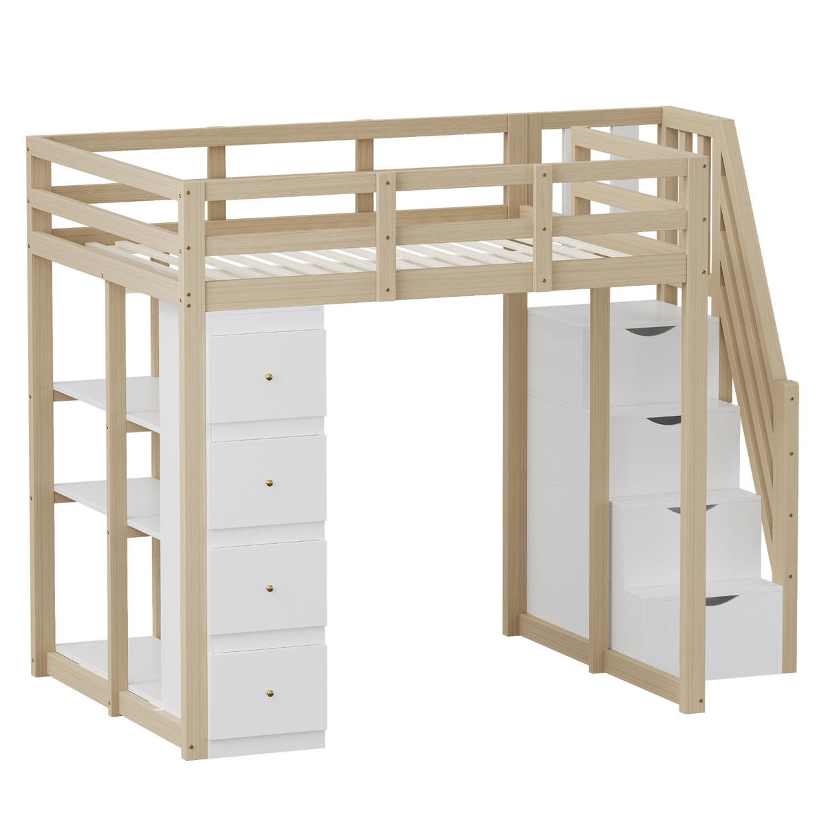 HOCHBETT 140/200 cm mit Aufbewahrungsschubladen und Sicherheitsleiter in Natur und Weiß ohne Matratze - Hellbraun/Weiß, Holz (140/200cm) - OKWISH