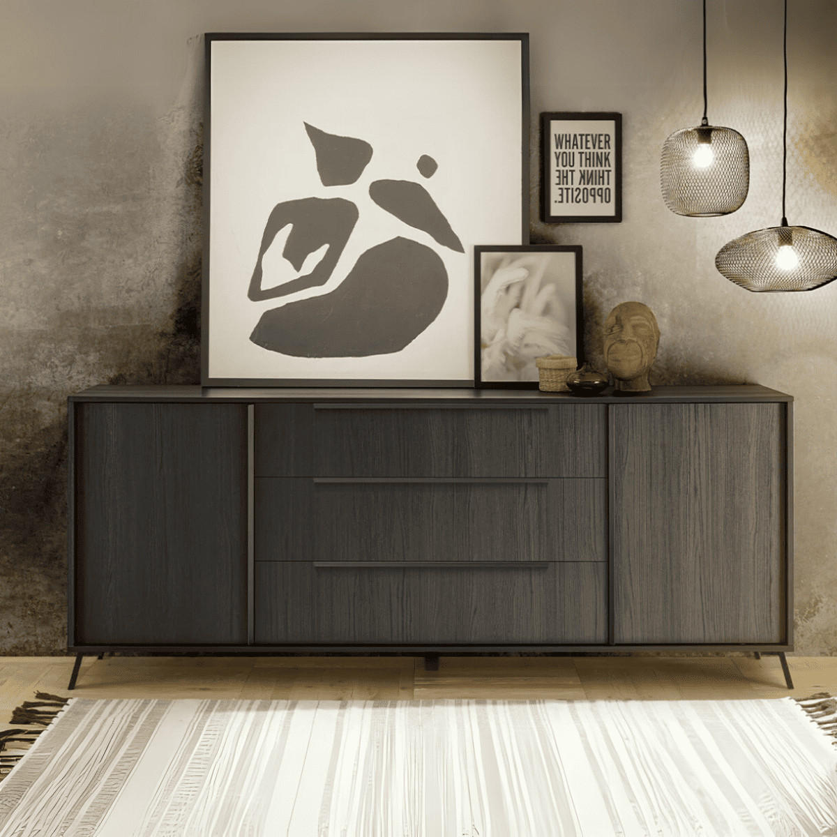 SIDEBOARD mit 2 Türen und 3 Schubladen L205 cm - City - Schwarz, Holzwerkstoff (40/84/205cm) - Calicosy