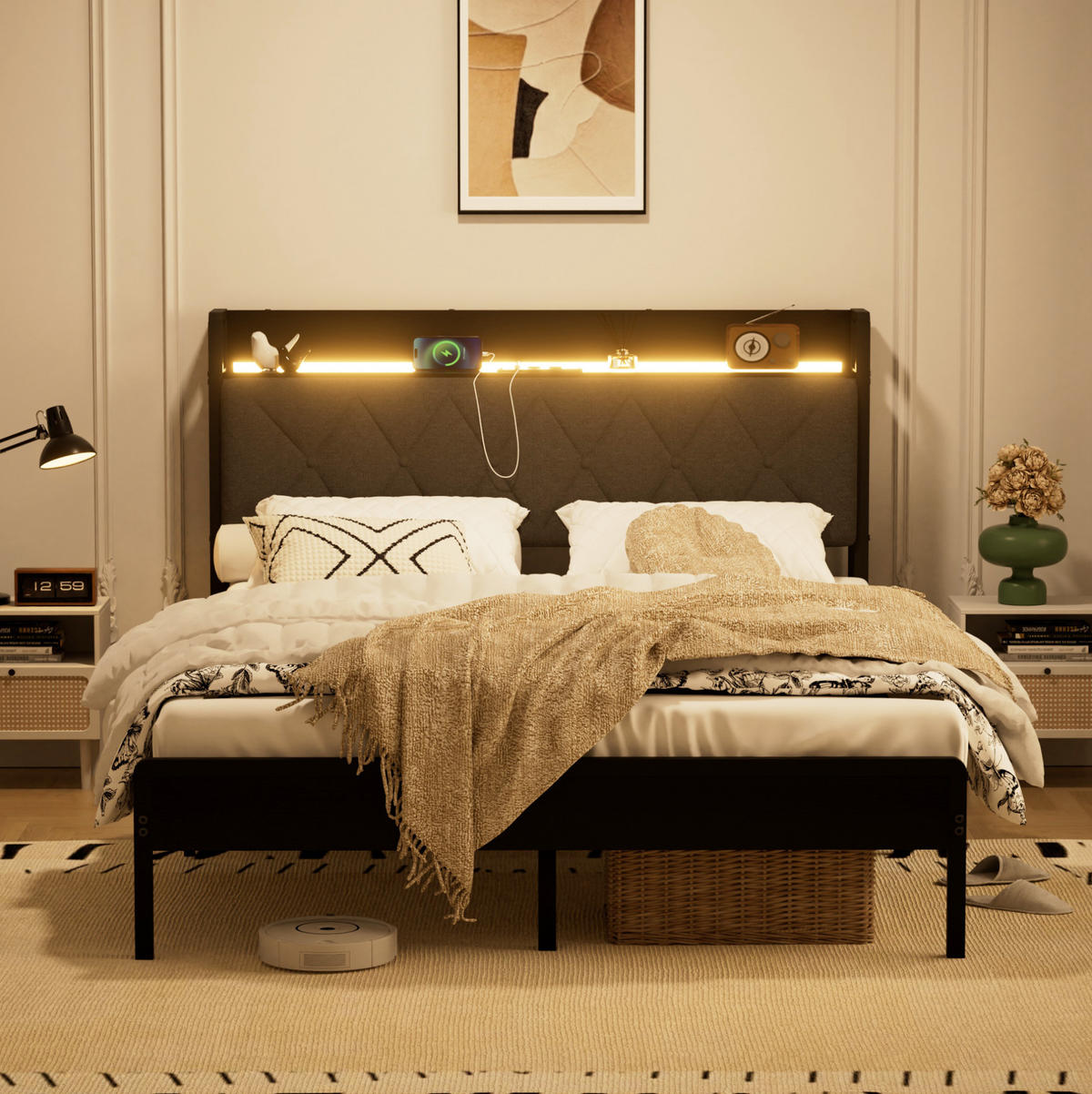 POLSTERBETT 140x190 cm in Schwarzgrau mit LED-Beleuchtung, USB-Anschluss und Stauraum - Schwarz, Textil (140/190cm) - IVMEU