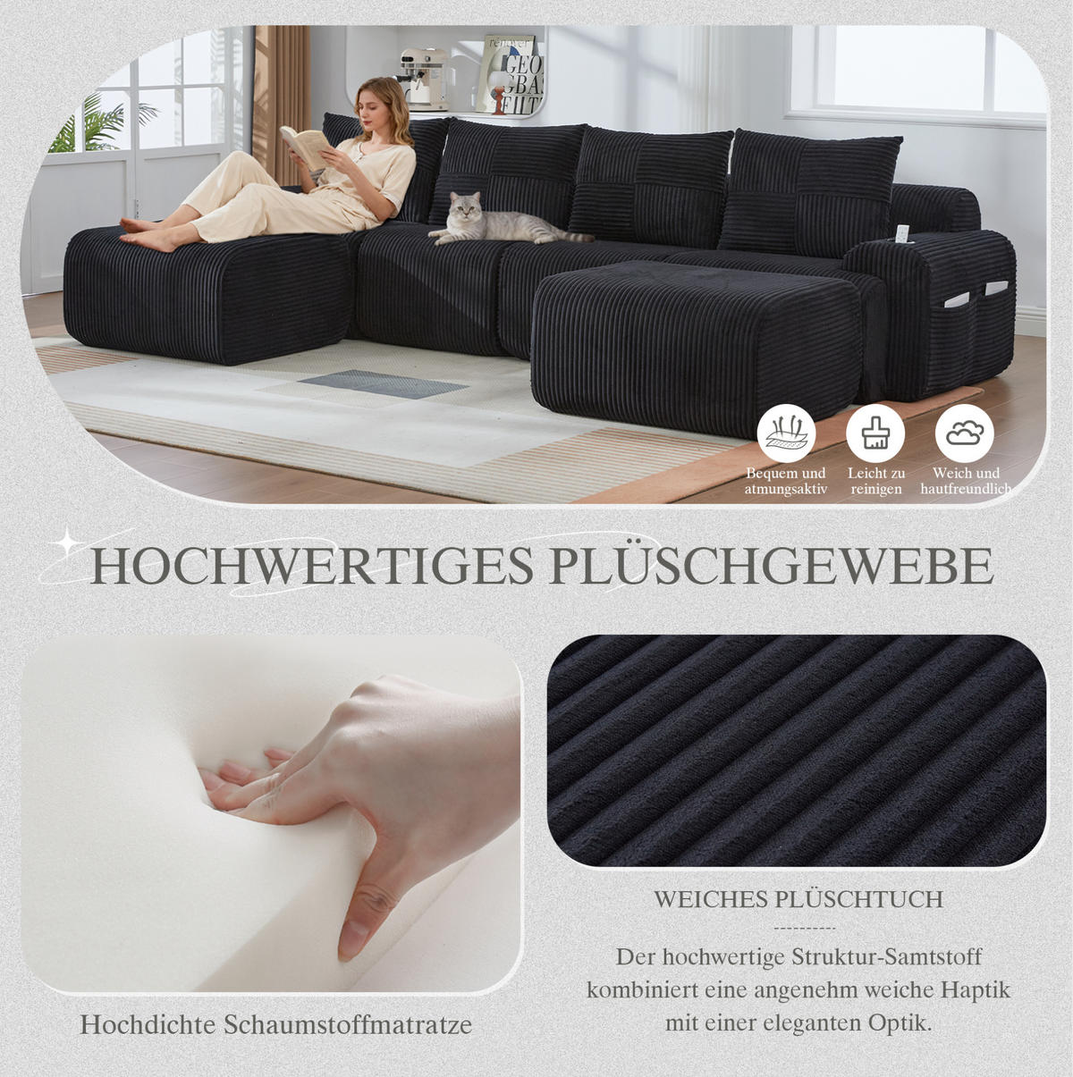 WOHNLANDSCHAFT Modulares Sofa 333/174/80 cm schwarz aus Cord mit Getränkehalter und Seitentasche - Schwarz, Textil (174/80/333cm) - Modenvie